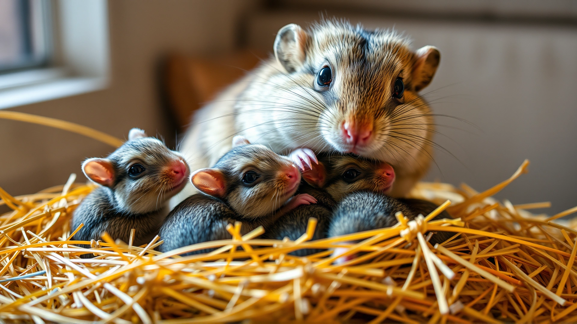 Mother degu with several pups in a nest of hay, warm indoor scene showcasing caring behavior