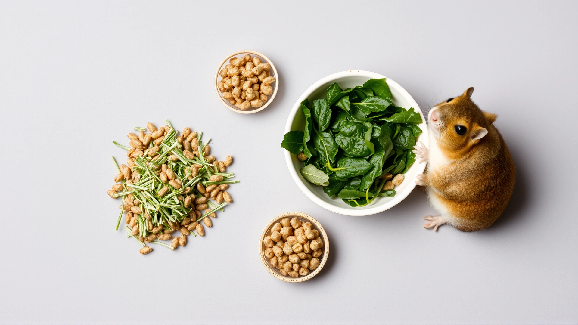 Healthy degu diet items laid out: timothy hay, specially formulated pellets, and a small dish of leafy greens on a neutral background