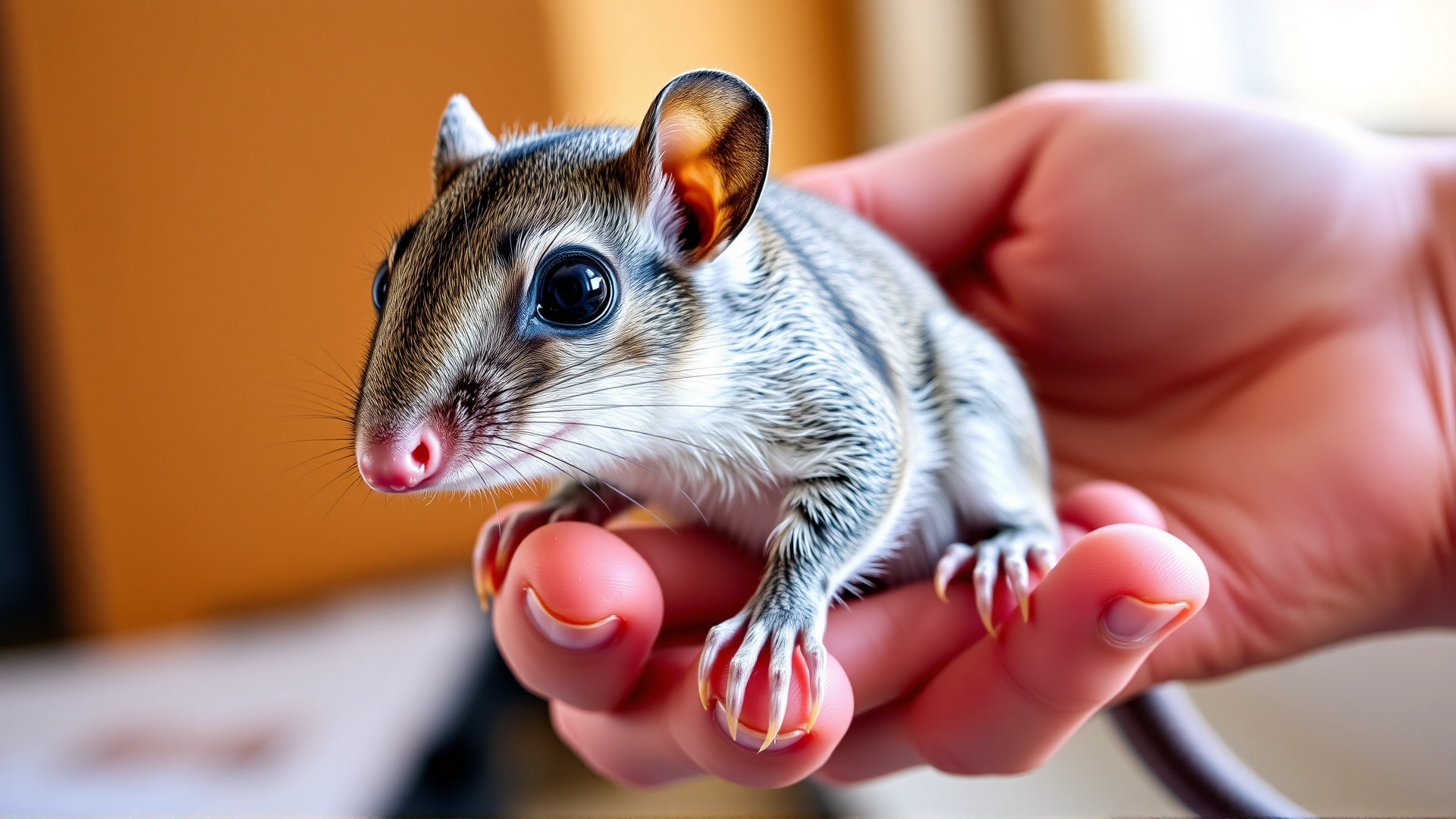 Human hand gently holding a young degu to illustrate its size, soft indoor lighting, focus on companionship