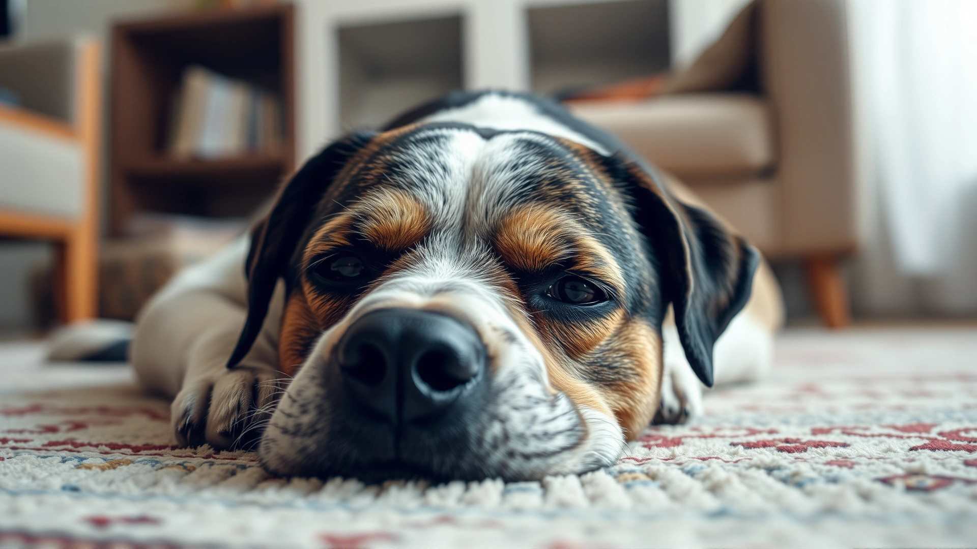 A tired-looking dog with dry nose and lightly sunken eyes lying on a living room rug, soft lighting emphasizing lethargy