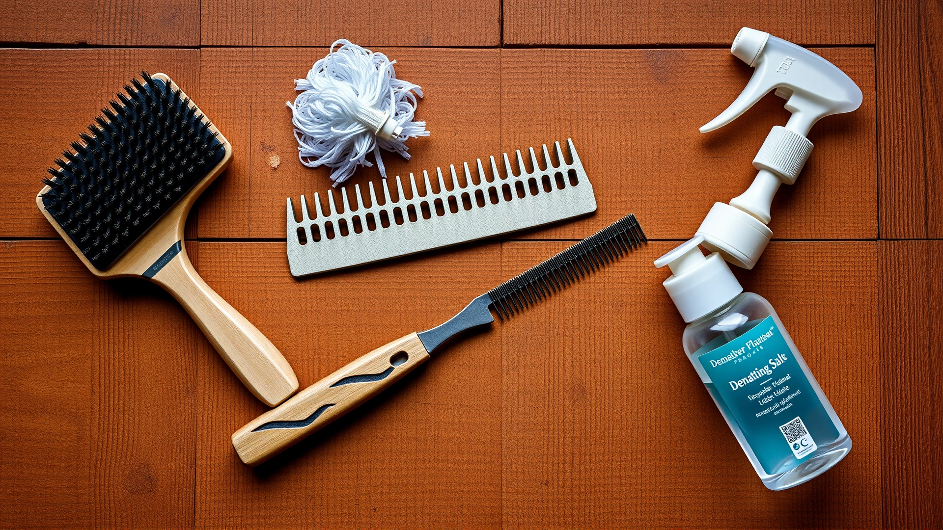 Flat lay on a wooden surface displaying common dematting tools: slicker brush, metal comb, dematting rake, and detangling spray bottle