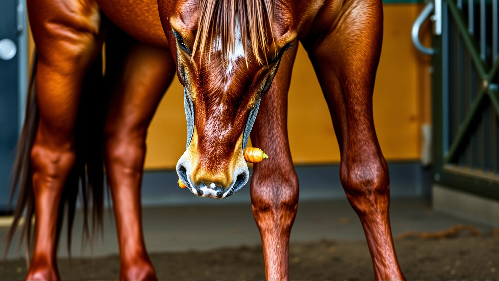 Mid-shot of a bay horse lowering its head between its forelegs following a carrot, demonstrating the chin-between-legs stretch, stable floor visible, no text.