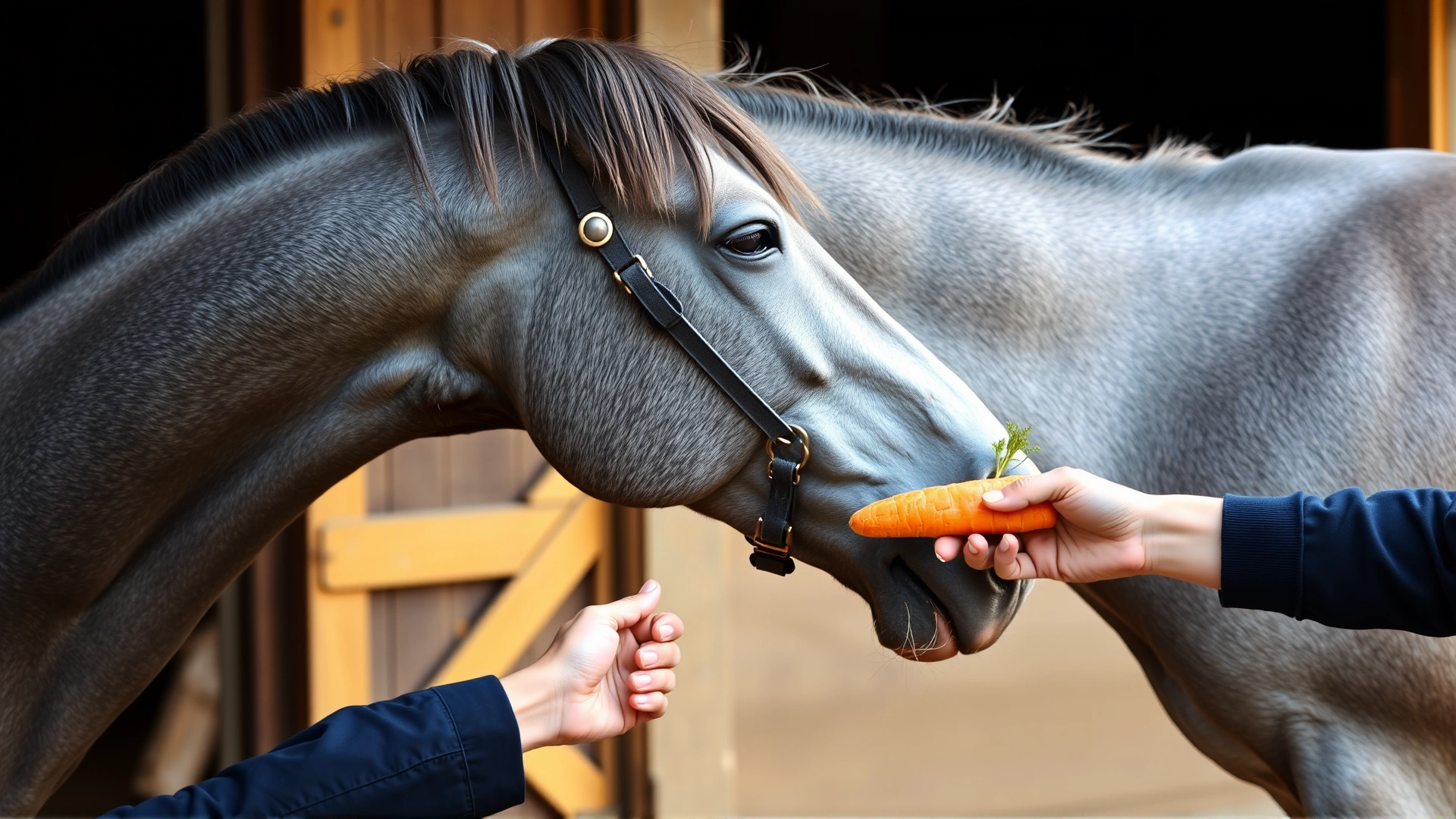 Side view of a grey horse bending its neck toward the girth area as it follows a carrot held by the handler, highlighting lateral stretch, barn setting, no text.
