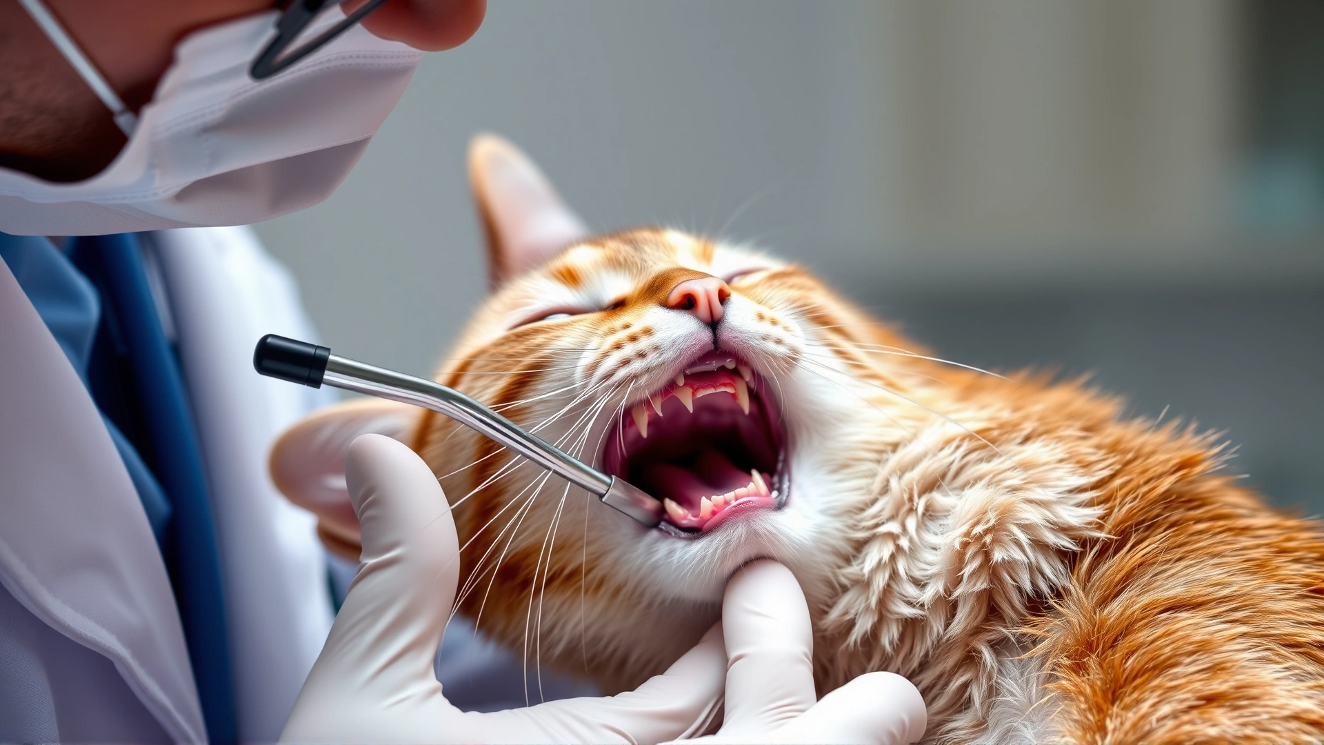 Veterinarian examining a cat's open mouth showing inflamed gum, representing dental abscess
