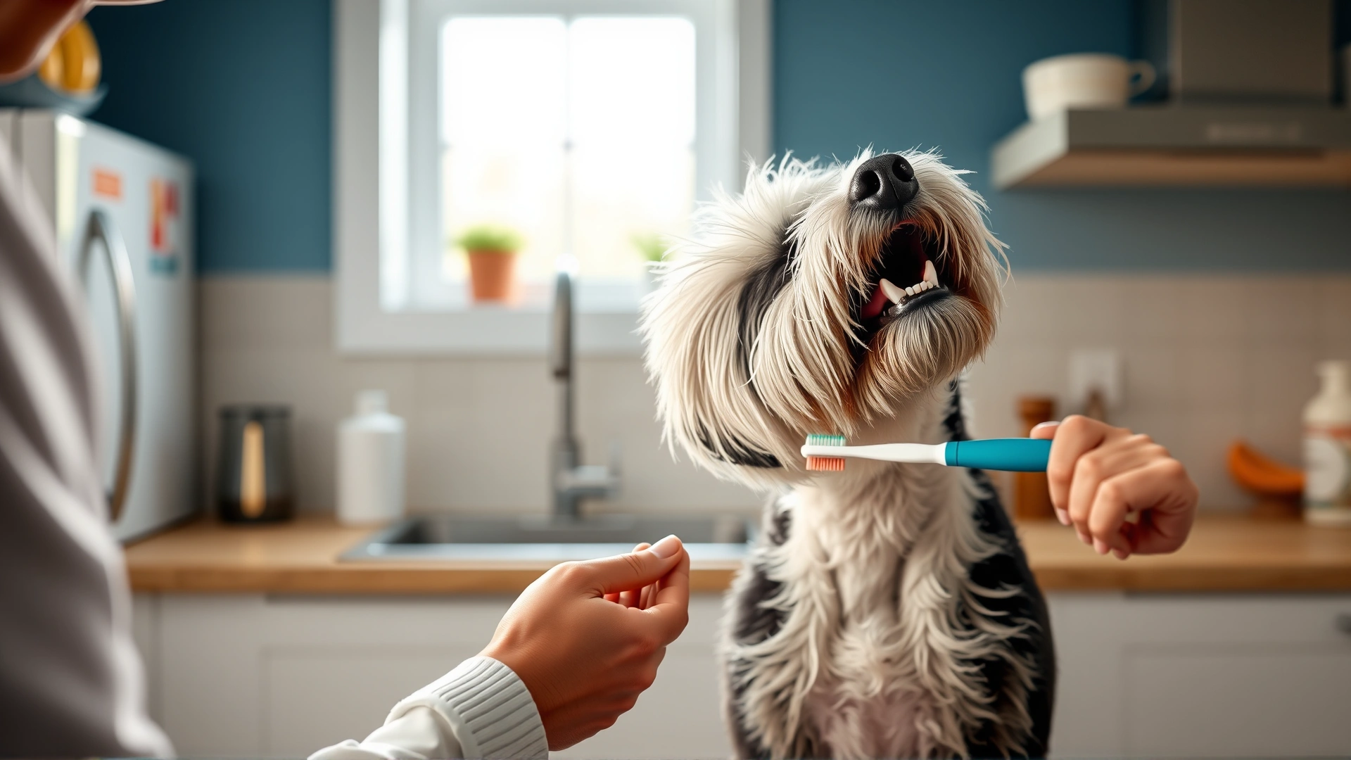 Owner brushing a Portuguese Water Dog's teeth with a canine toothbrush and toothpaste in a brightly lit kitchen