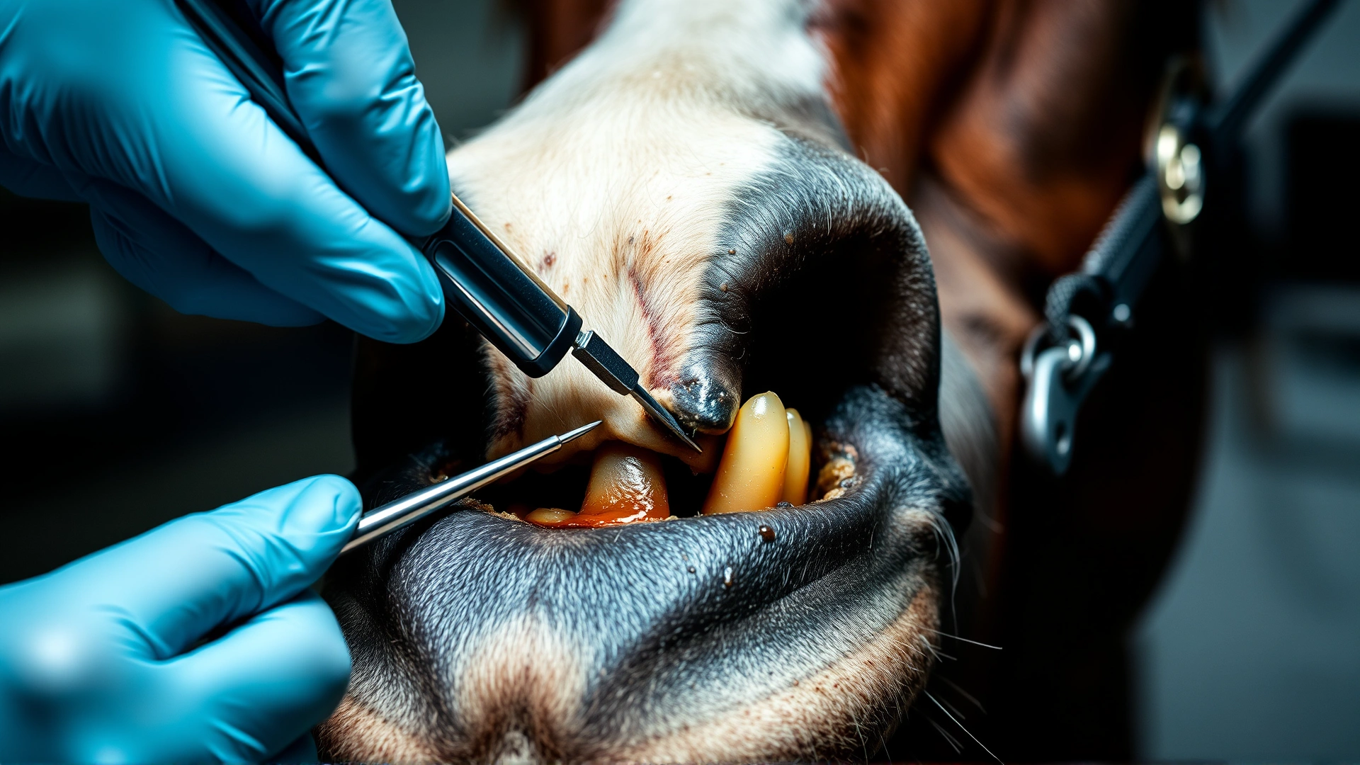 Close-up photo of an equine dentist filing a horse’s molars using a speculum, showcasing proper dental care procedure, no text