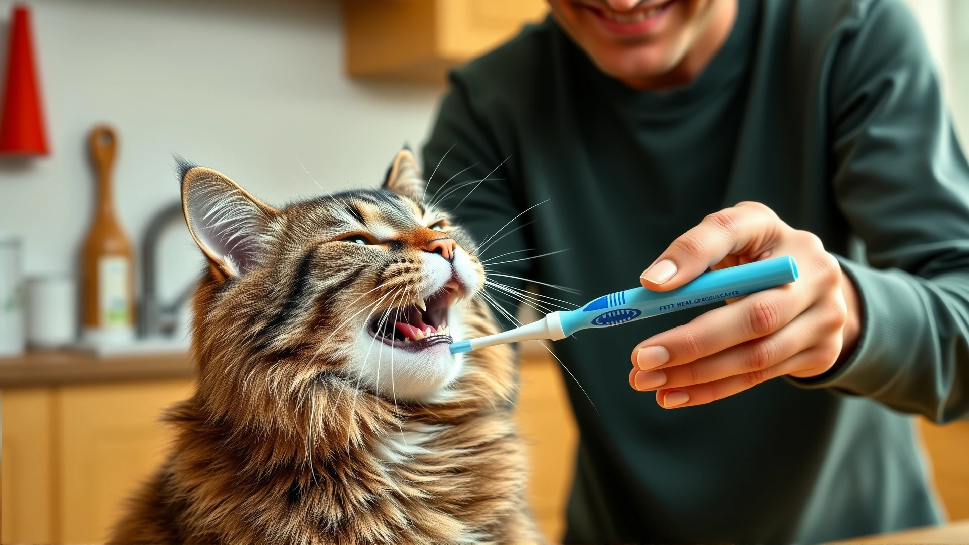 Owner brushing a cat’s teeth with a pet toothbrush and toothpaste, calm cat, bright kitchen backdrop