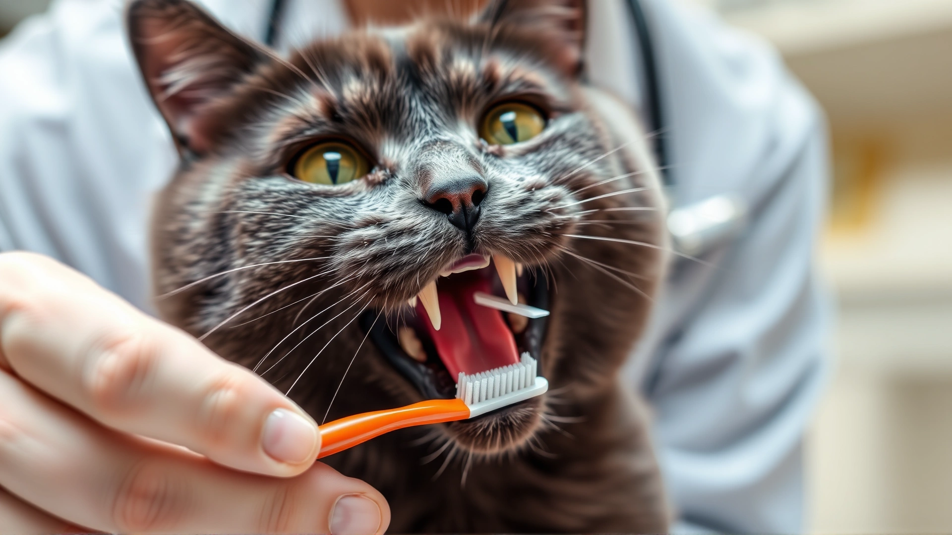 Owner gently brushing a gray cat’s teeth with a small pet toothbrush, highlighting dental care.