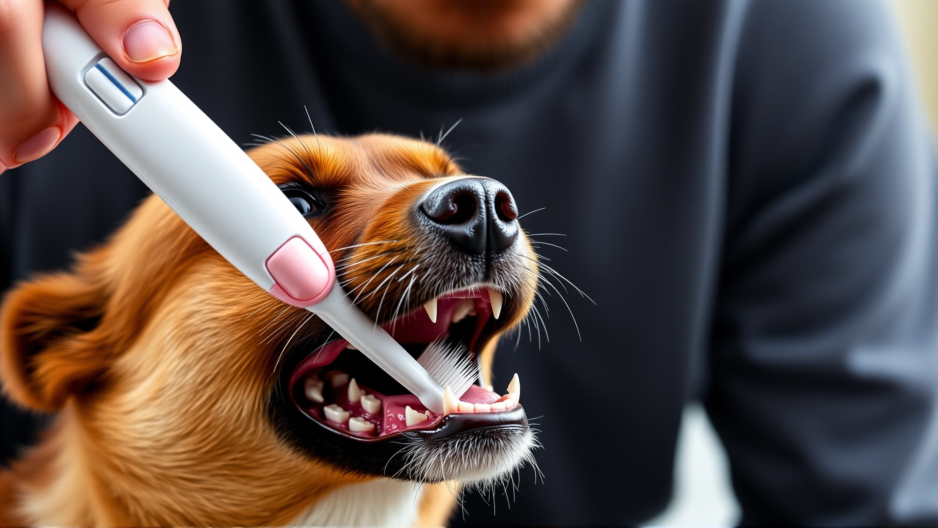 Owner brushing young dog’s teeth with canine toothbrush, focus on mouth and brush.