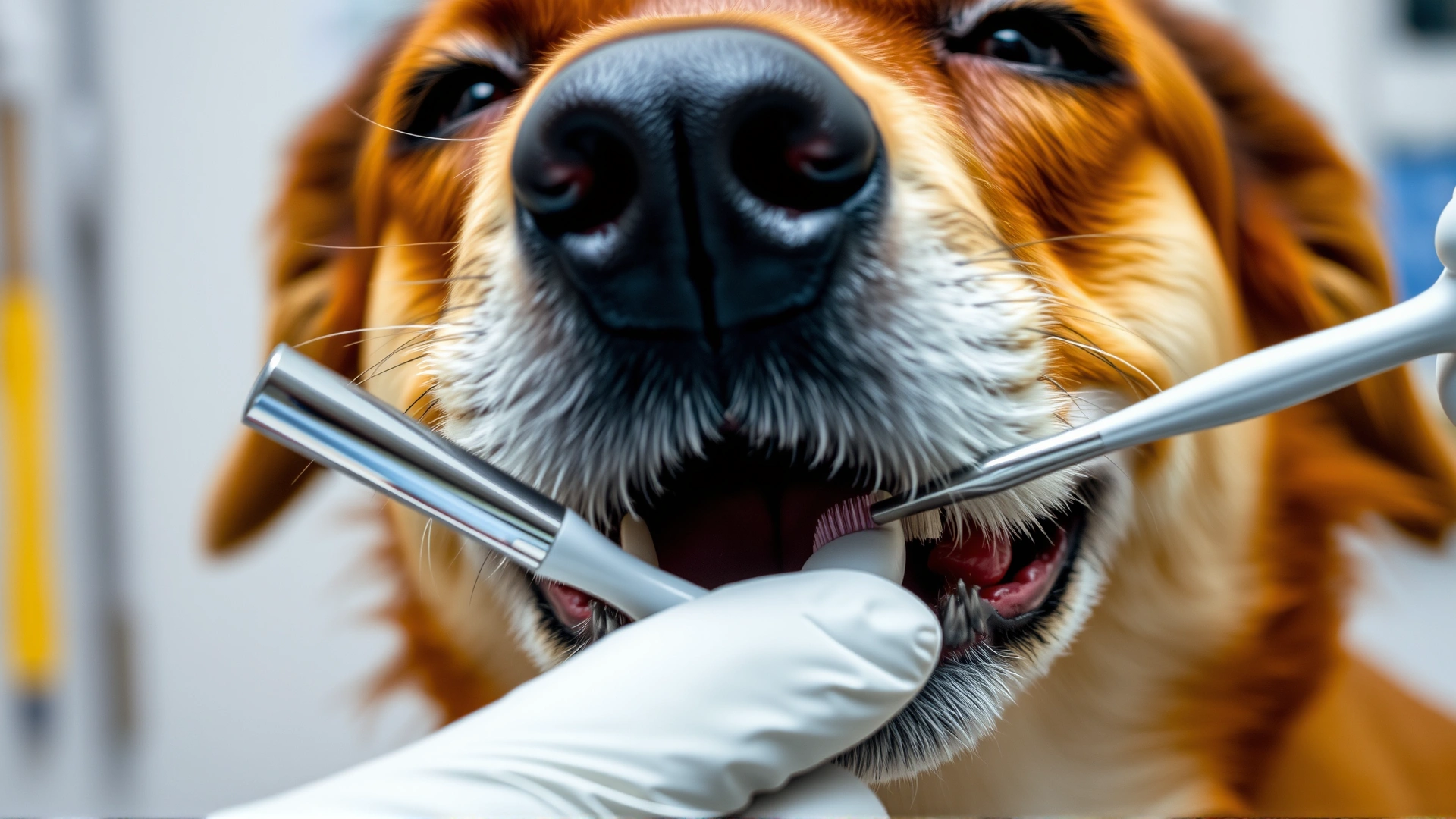 Close-up of a vet brushing an older dog’s teeth with a canine toothbrush, dental tools blurred in background.