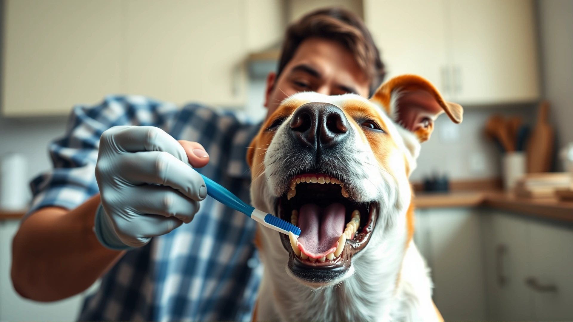 Owner using a toothbrush to clean a dog’s teeth in a well-lit kitchen, focus on the mouth and cleaning action.