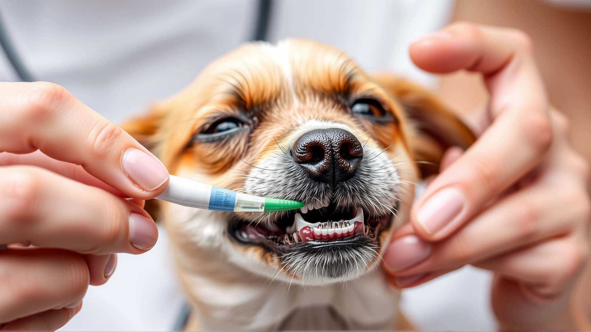 Close-up of a vet brushing a small dog’s teeth with a canine toothbrush, focus on the dog’s mouth and brush.