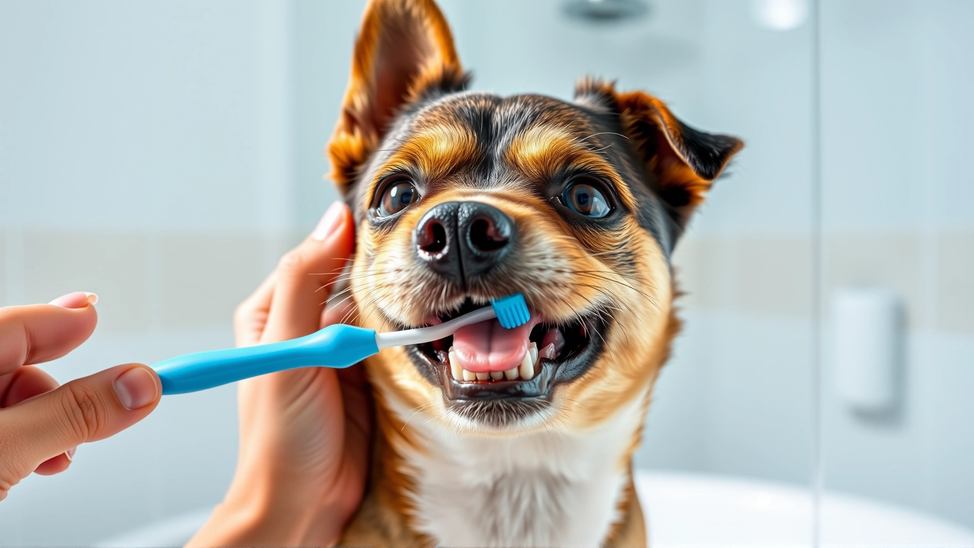 Close-up of a small dog having its teeth brushed by a human hand, bright clean bathroom background