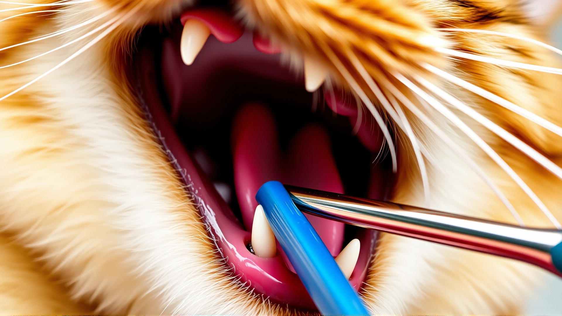 Macro shot of a cat having its teeth brushed with a small pet toothbrush, showing healthy gums and clean teeth.
