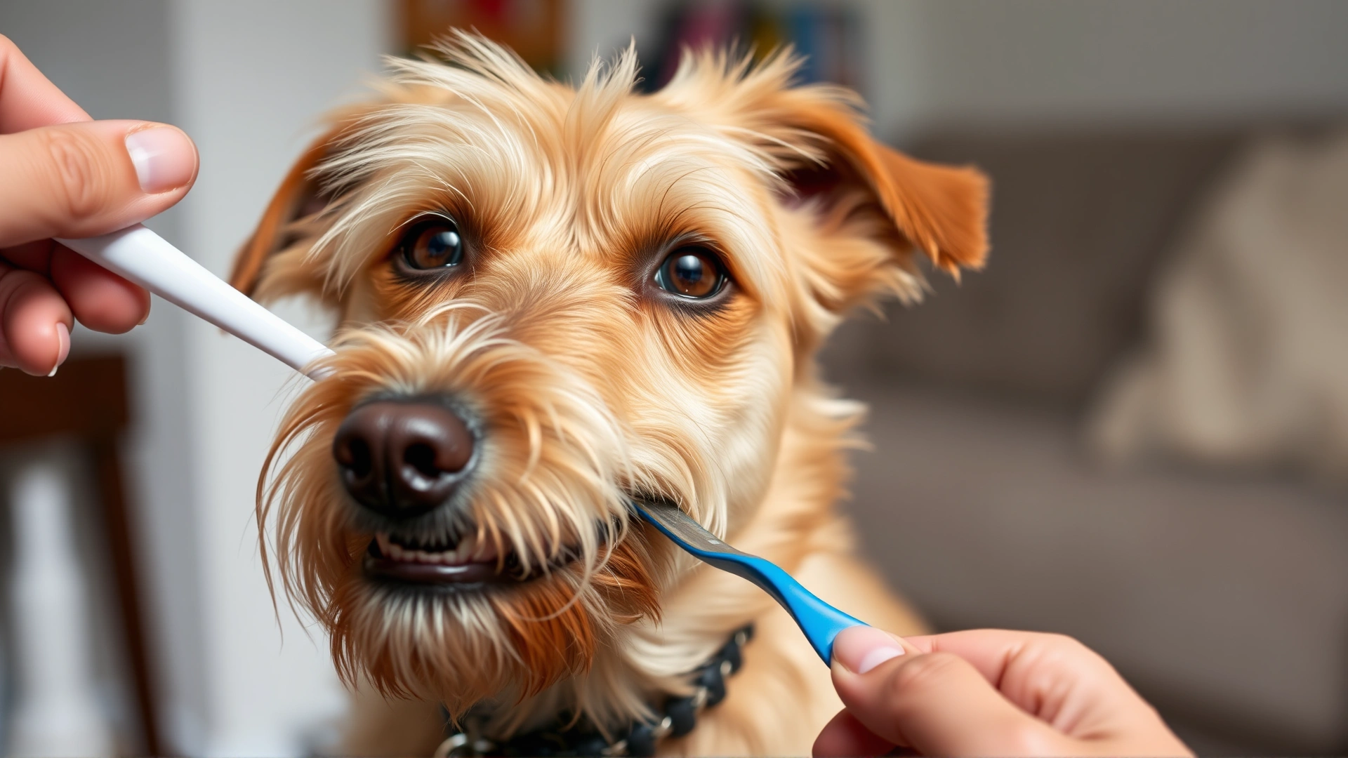 Senior small breed dog having its teeth gently brushed by owner's hand, in a cozy home setting.
