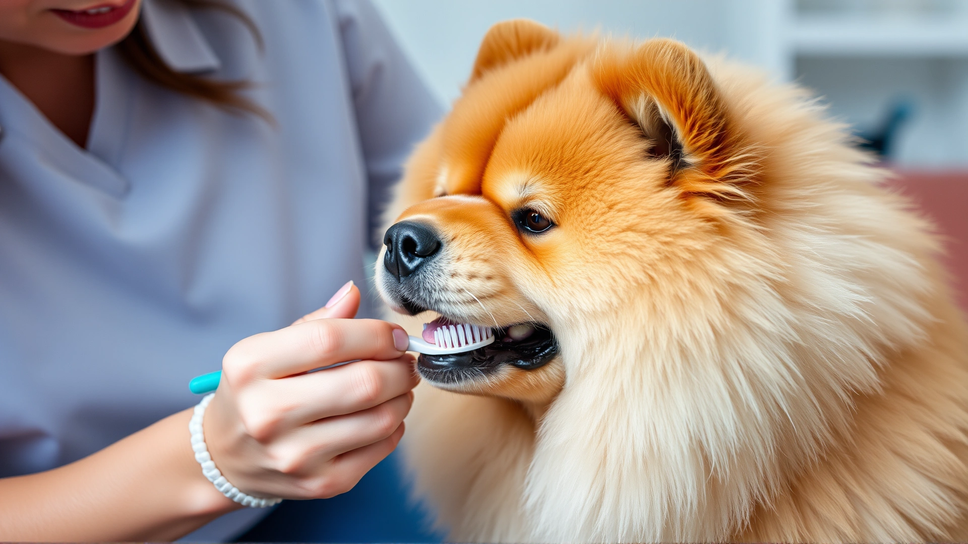 Pet parent brushing a Chow Chow's teeth with a soft dog toothbrush, focusing on dental hygiene