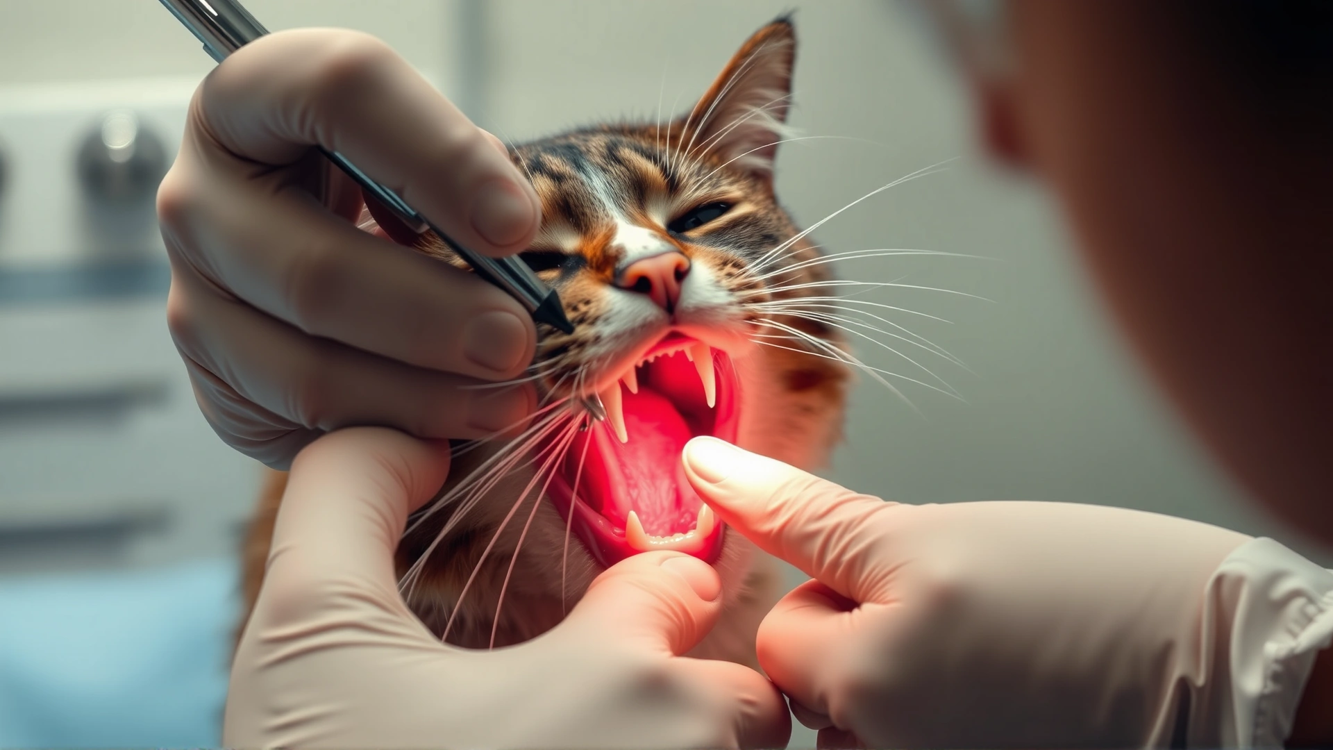 A veterinarian gently inspecting a senior cat's teeth on an examination table, close-up on the mouth.