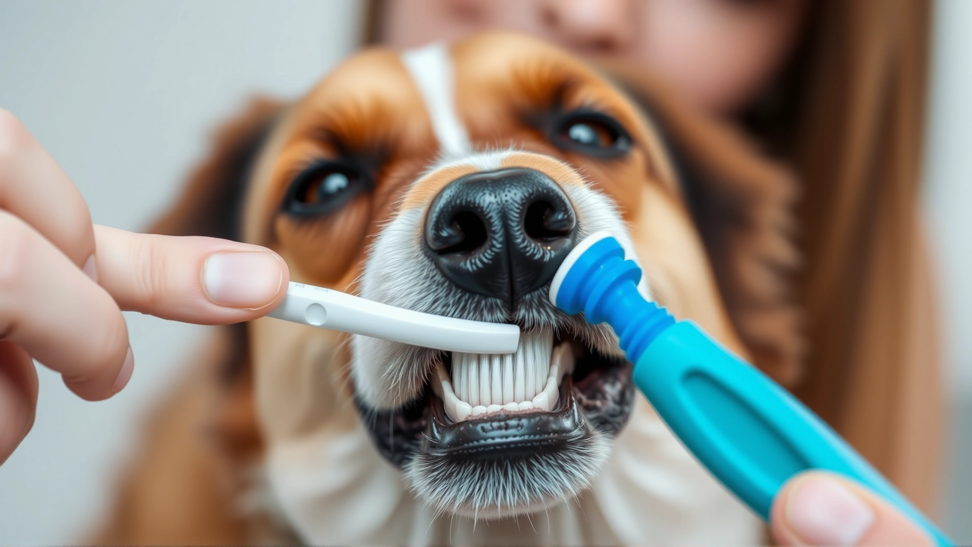 Close-up of a pet parent brushing a dog’s teeth with a canine toothbrush and toothpaste