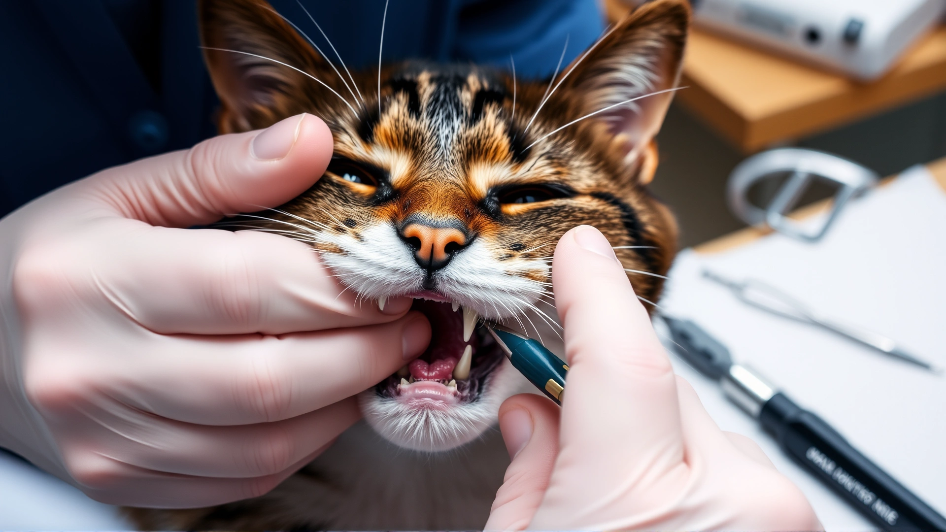 Close-up of veterinarian hands lifting a cat's lip to inspect teeth and gums, dental tools nearby, clinical setting.