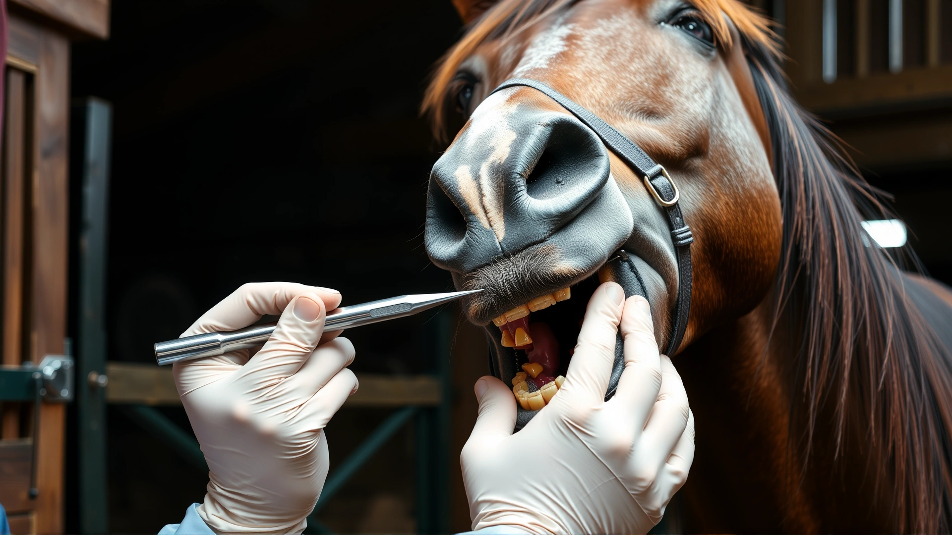 Equine dentist examining a horse's teeth using a speculum, barn background