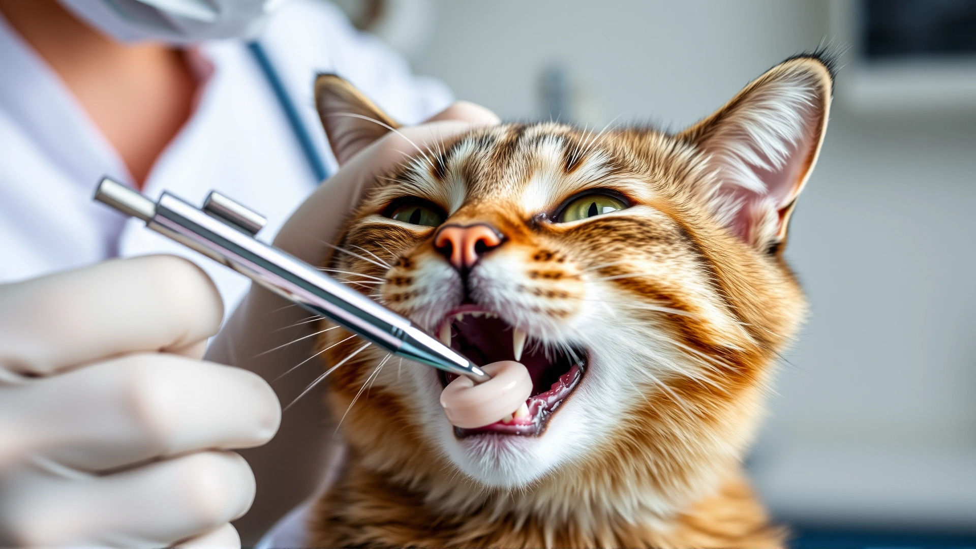 Veterinarian wearing gloves gently inspecting a cat's teeth with a dental instrument, clinic background slightly blurred