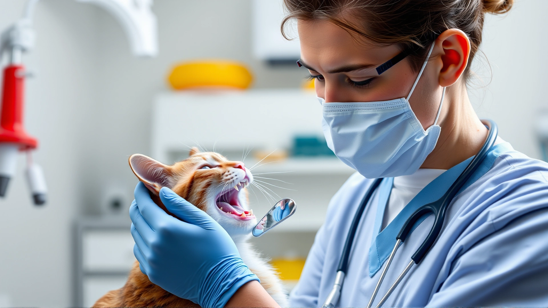 Veterinarian gently inspecting a cat’s teeth using a dental mirror, clinic background, bright lighting