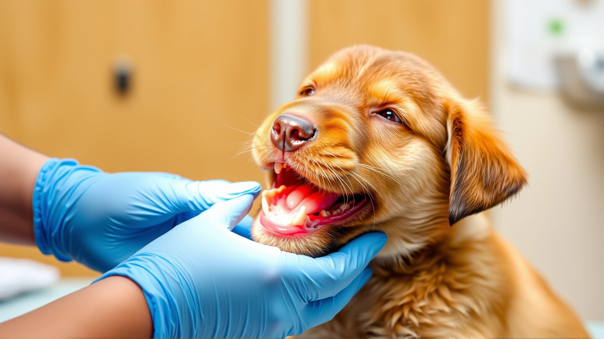 A veterinarian gently examining a puppy's mouth on the exam table, wearing blue gloves, showing healthy new teeth.