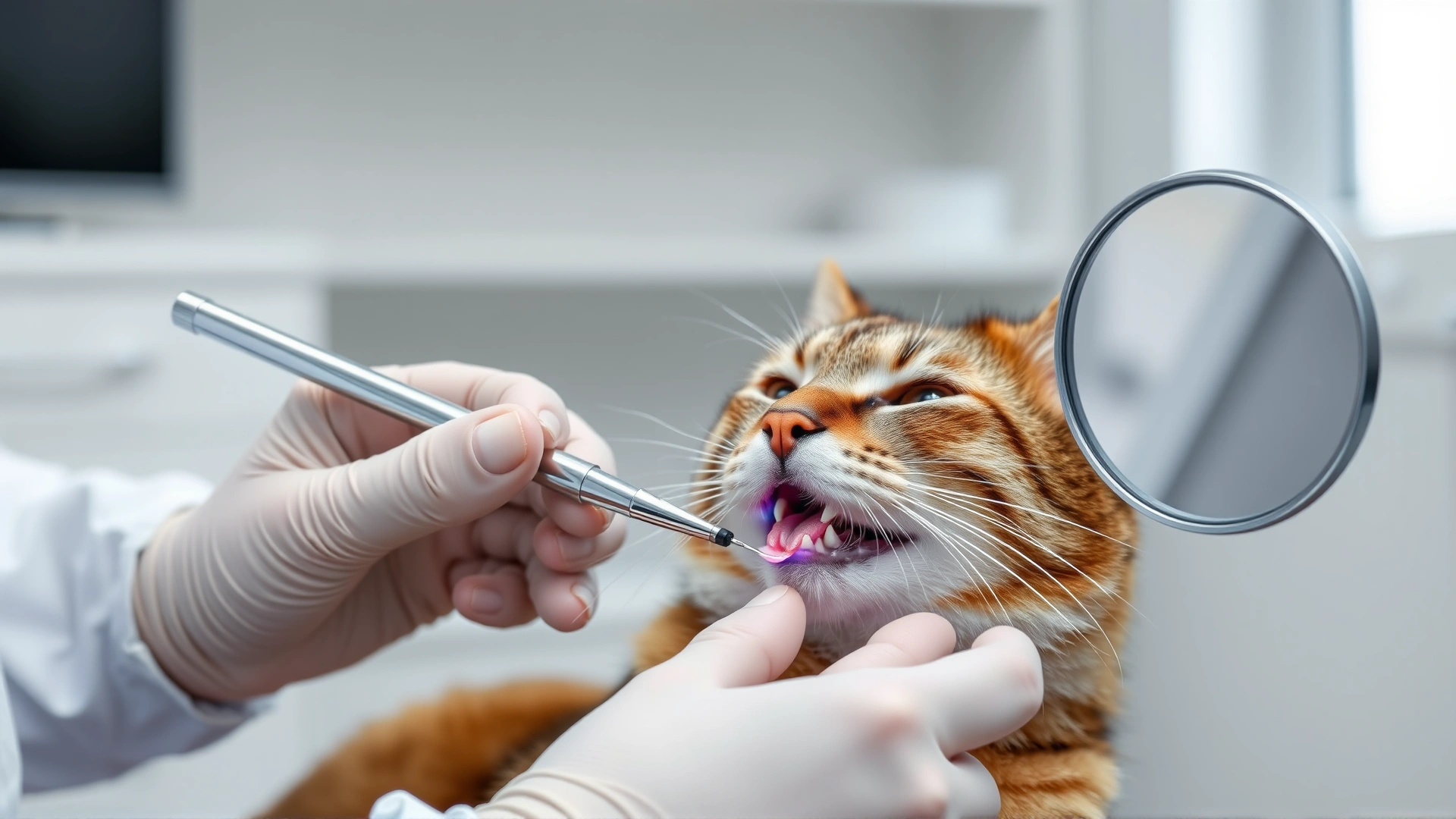 Cat sitting calmly as veterinarian uses dental probe and mirror to inspect molars, white clinic setting