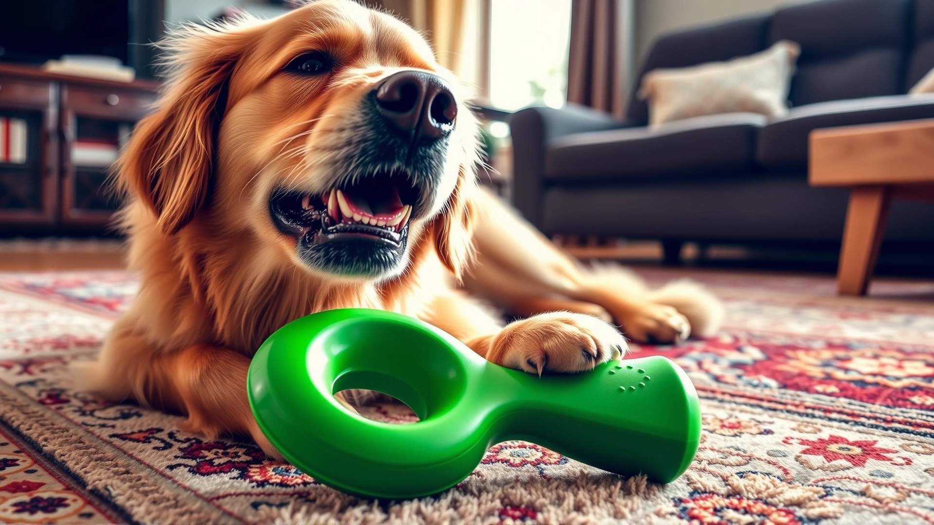 Golden retriever happily chewing on a green dental chew toy on a living room rug, bright environment, no text.