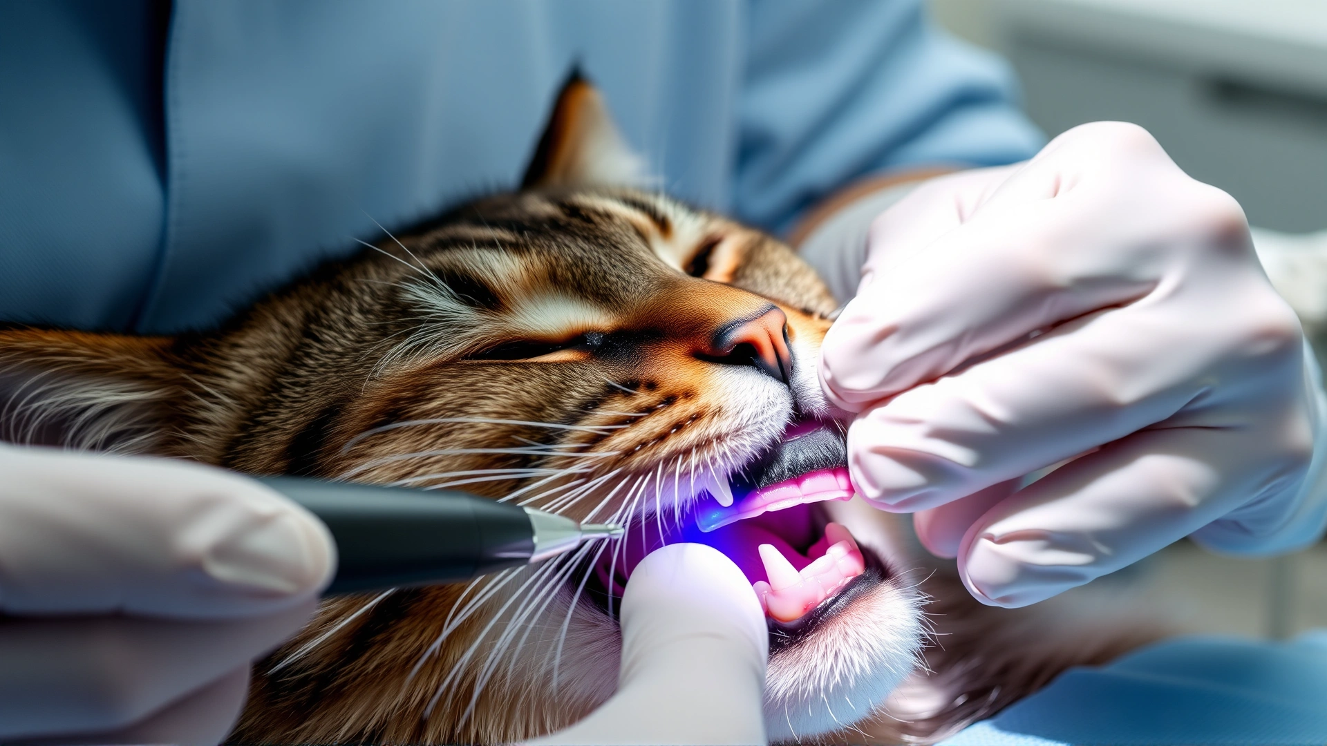 Cat under anesthesia receiving professional dental cleaning with an ultrasonic scaler, veterinarian's gloved hands visible.