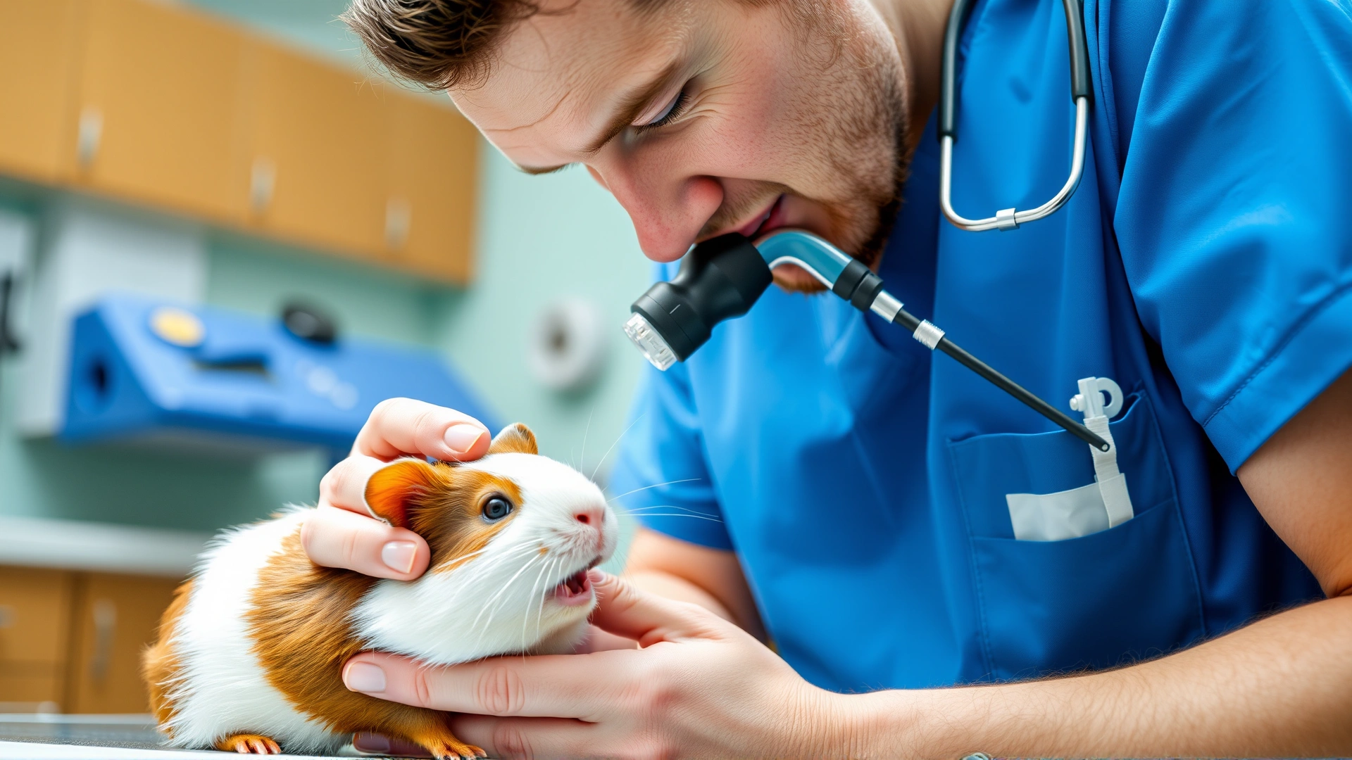 Veterinarian wearing blue scrubs gently inspecting a guinea pig's teeth using an otoscope in a clinic setting