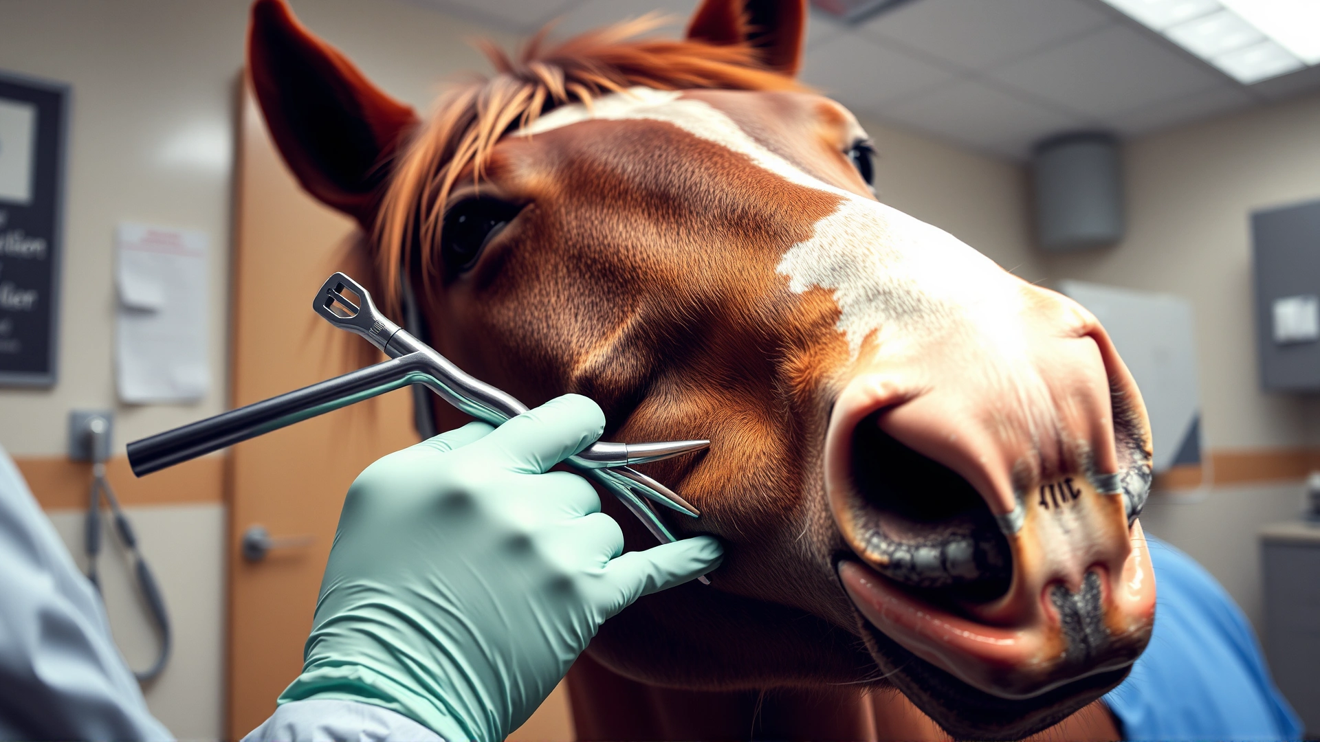 Indoor image of a veterinary dentist using a speculum to examine a sedated horse’s molars, clinical environment, no text