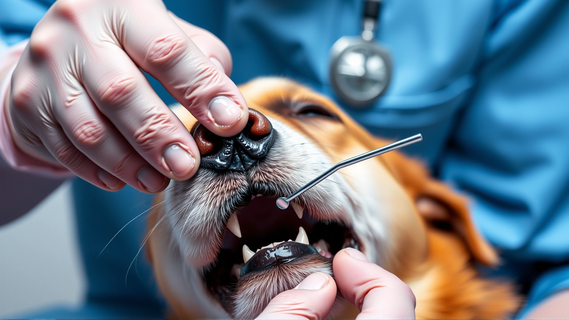 Vet lifting a dog's lip to inspect teeth with a small dental mirror, close-up shot