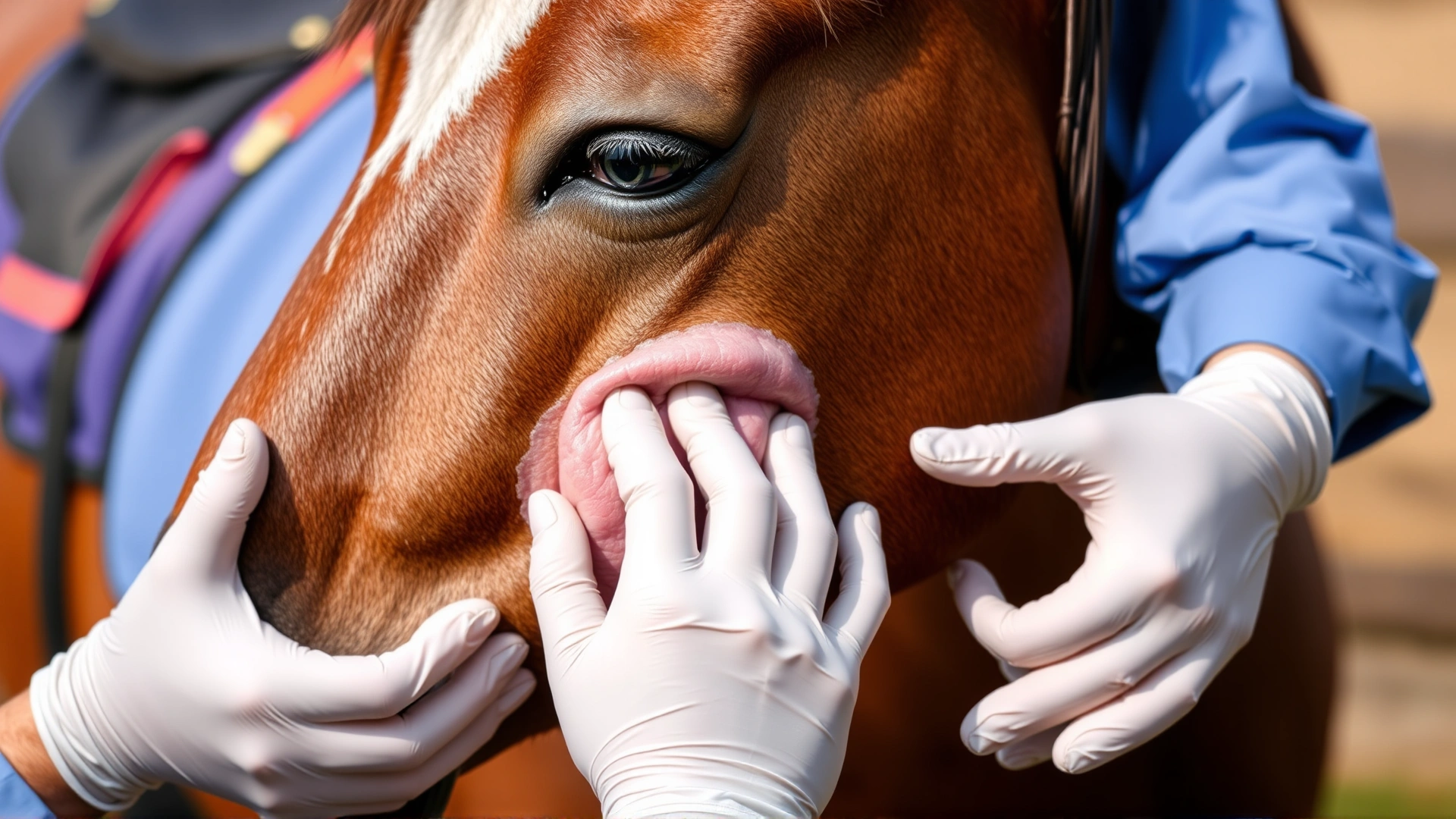 Side view of a horse with swollen cheek being gently examined by a veterinarian’s gloved hands; emphasis on facial swelling location.