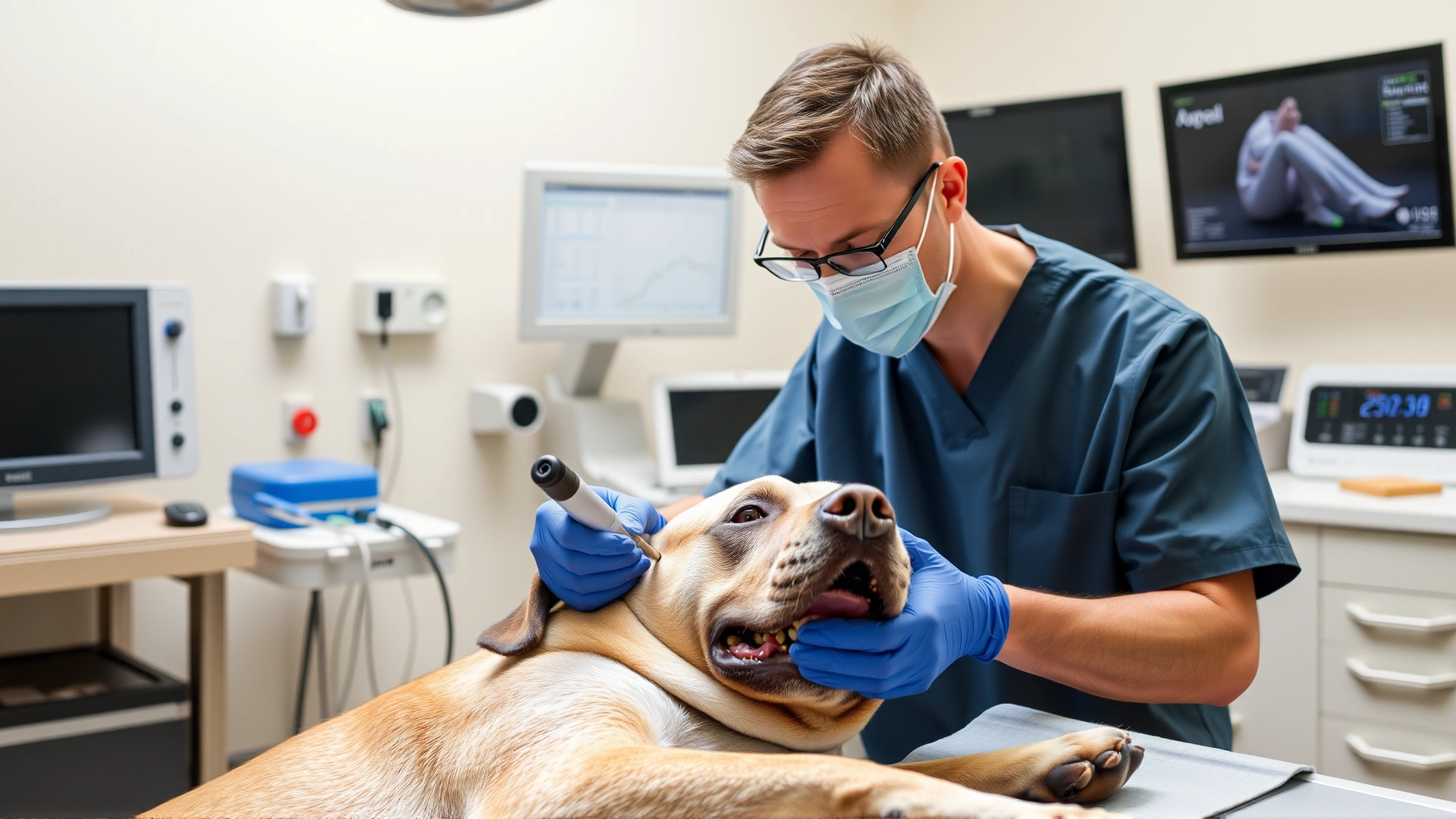 Veterinary dentist wearing scrubs and mask performing ultrasonic scaling on a sedated large dog, monitors and equipment in background, no text.