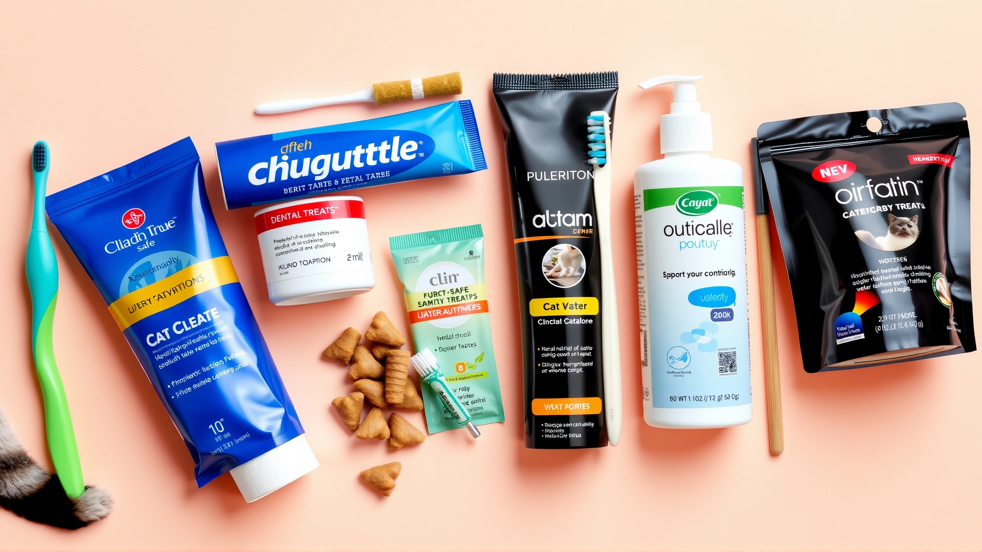 Flat-lay of various feline dental care products: cat-safe toothpaste, toothbrushes, dental treats, and water additives arranged neatly on a pastel background.