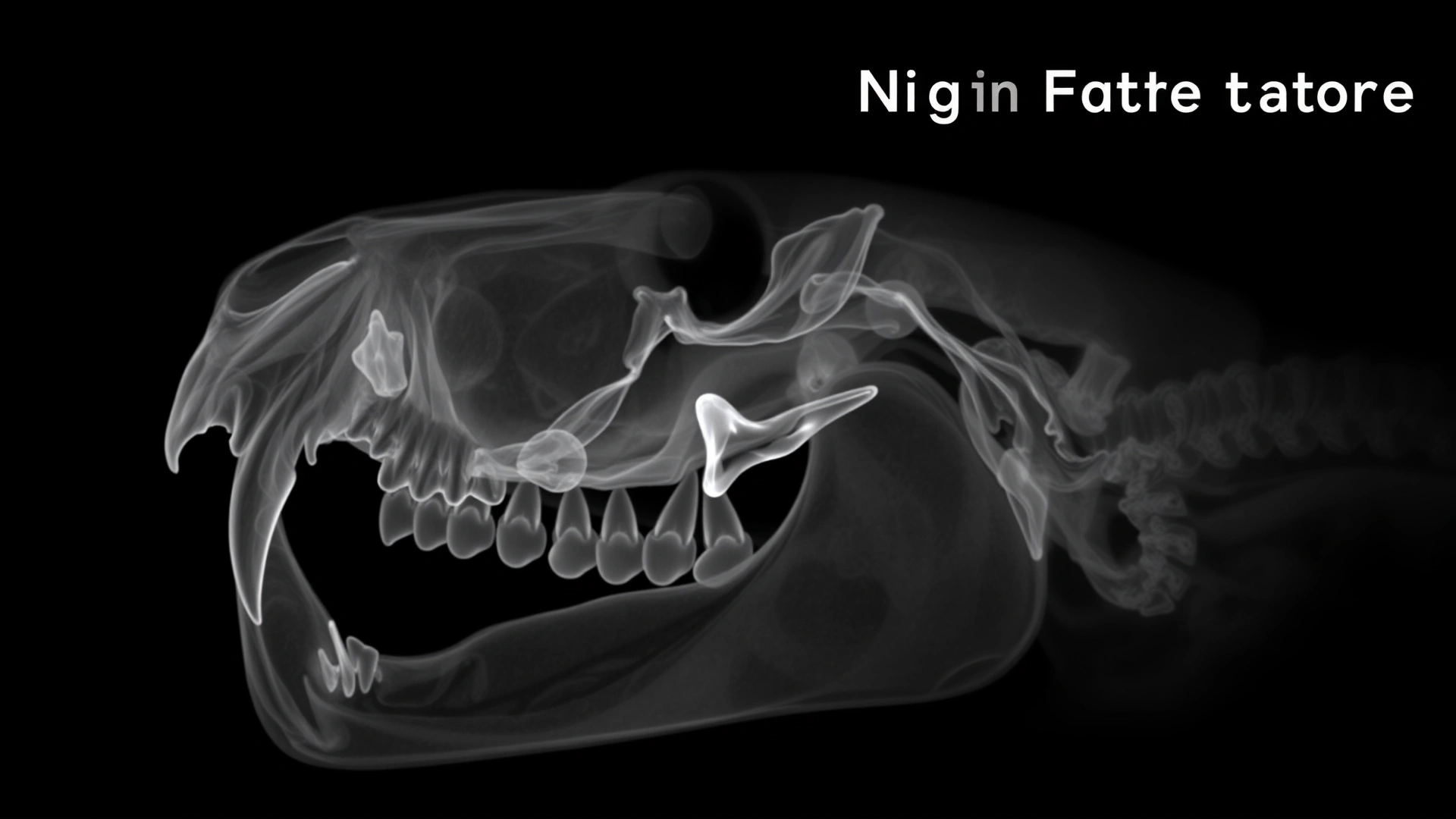 High-contrast dental X-ray of a cat’s skull highlighting a fractured tooth, grayscale, no text overlay.
