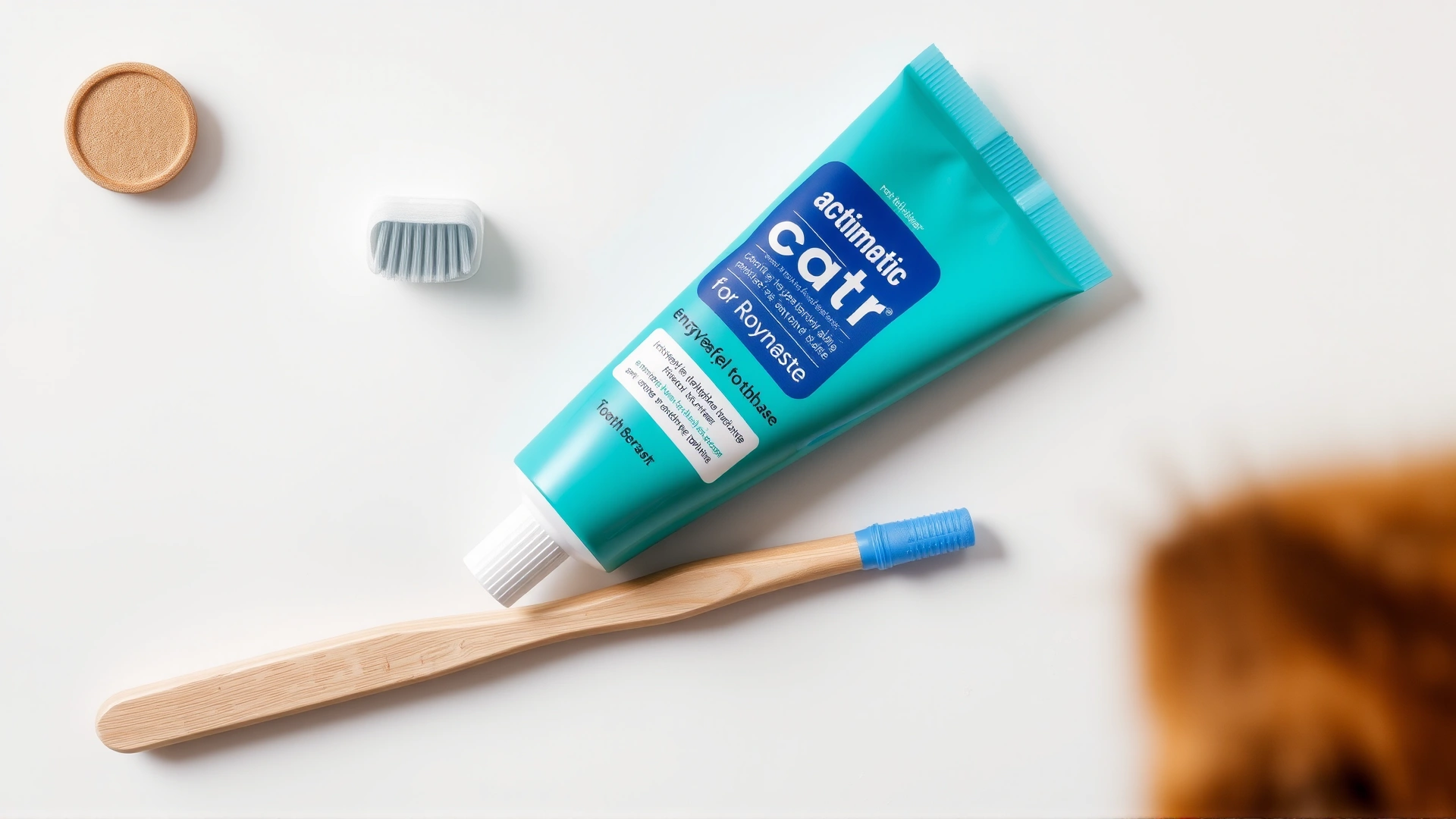 Flat lay of cat tooth-care essentials: pet-safe toothbrush, finger brush, and enzymatic toothpaste tubes on a neutral surface.