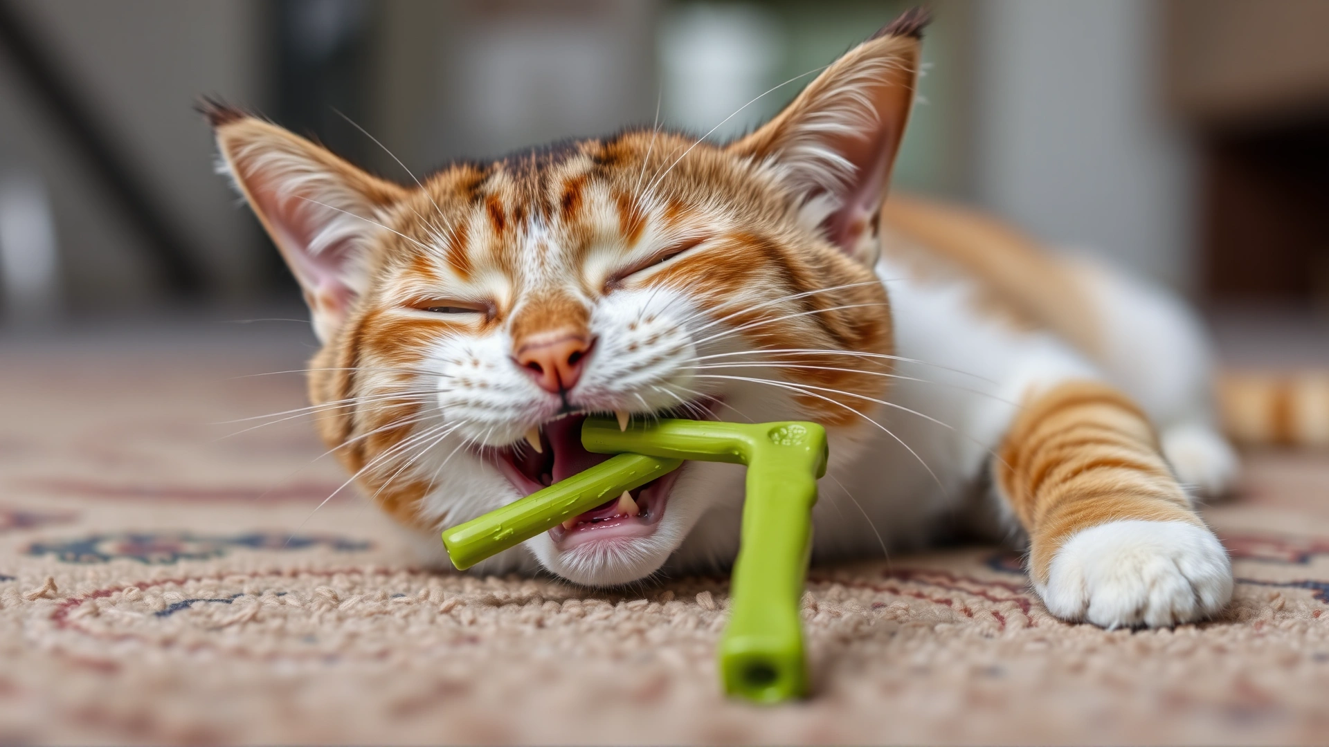 Domestic cat happily chewing on a green dental treat stick while lying on a rug.