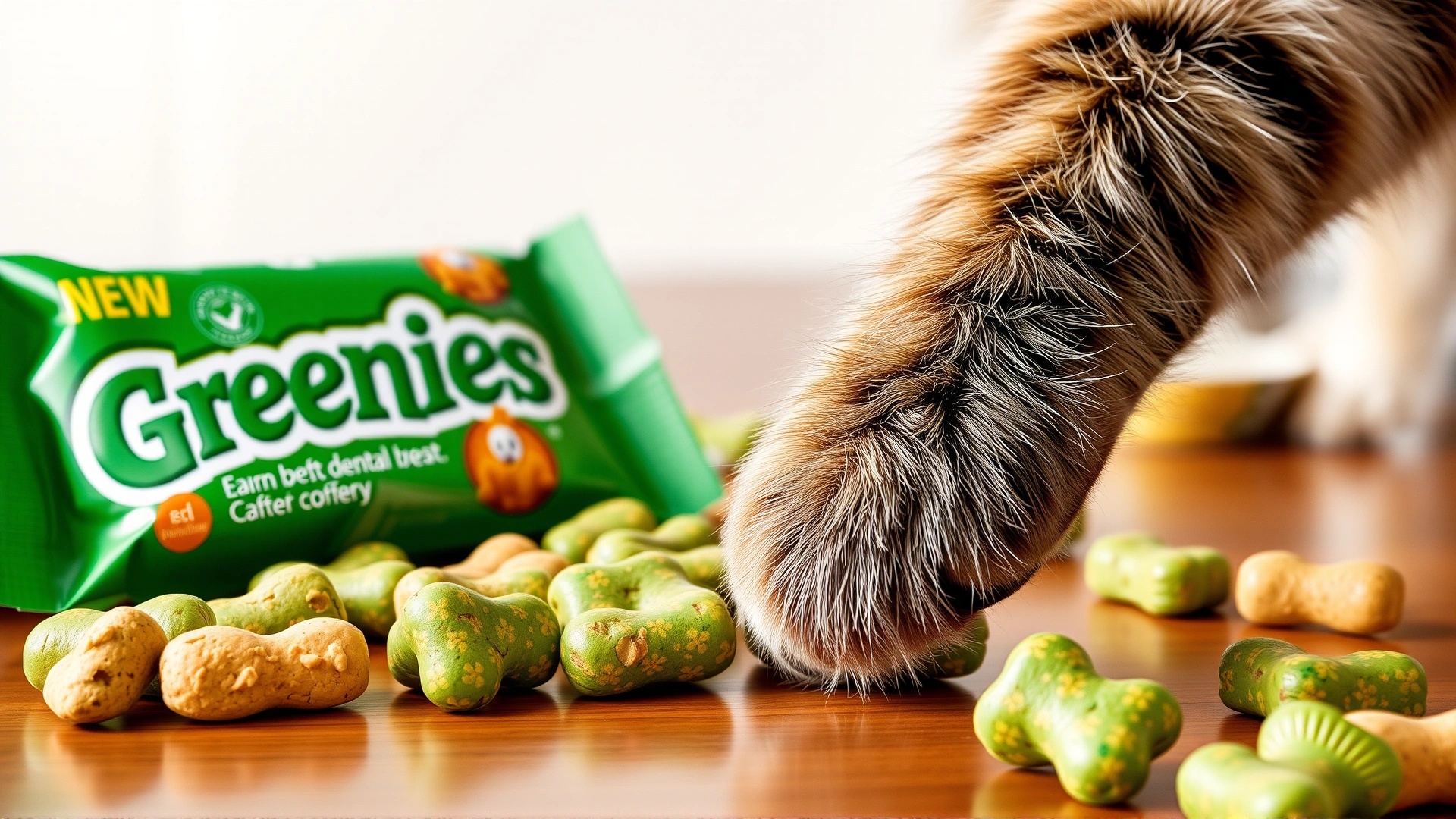 Greenies feline dental treats scattered on a table with a playful cat paw reaching for them