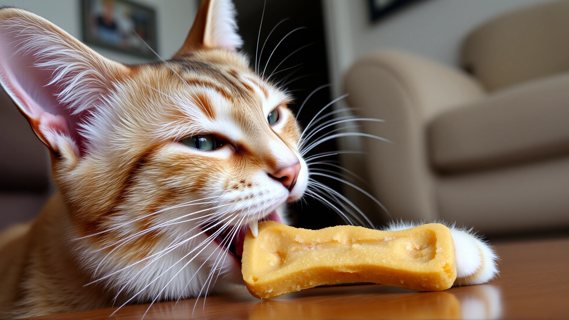 Cat chewing on a dental treat, showing teeth contact with the textured surface, in a living room setting.