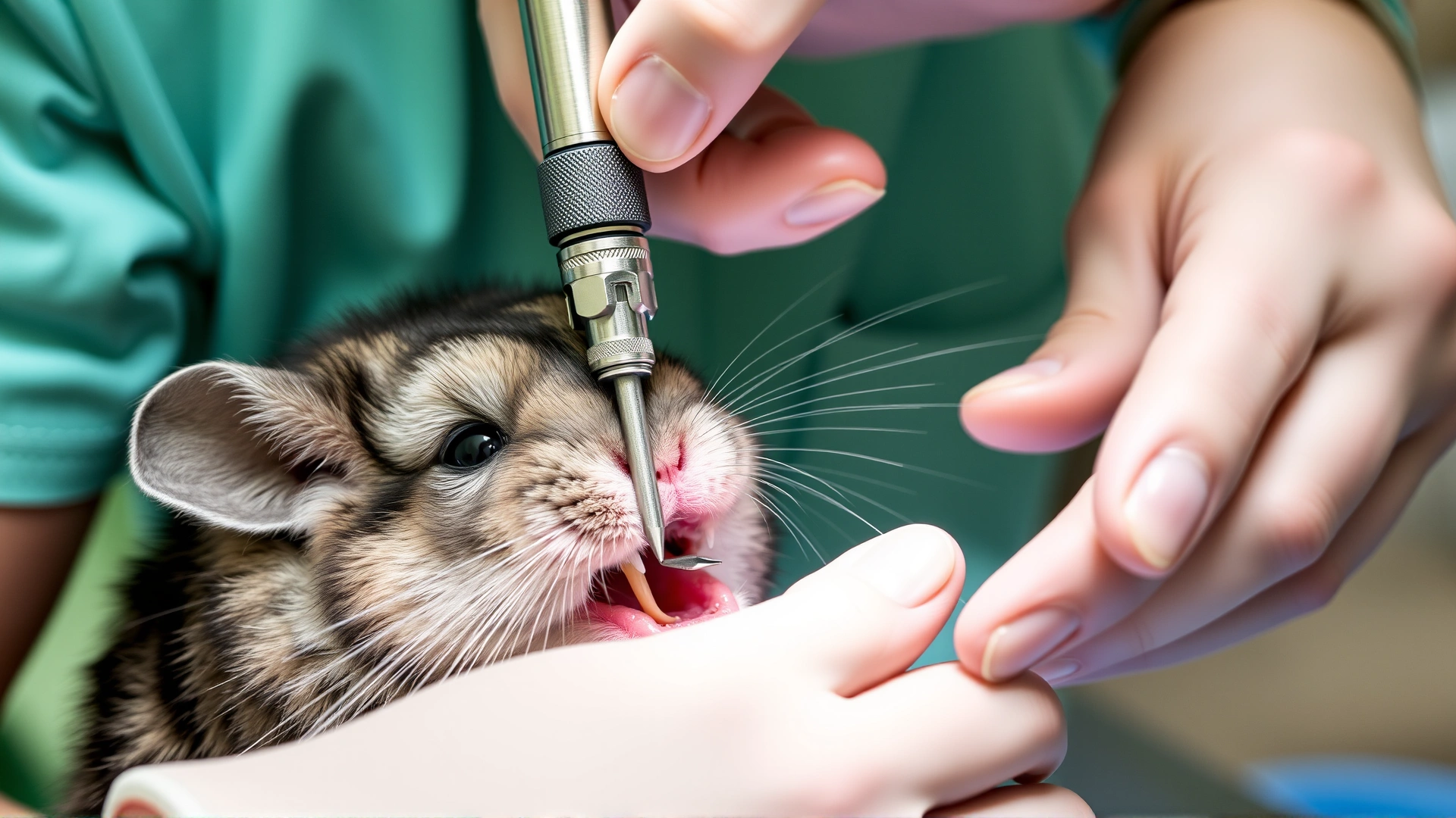 Image of a veterinary professional using a specialized rotary dental tool to trim a chinchilla’s overgrown molars under safe anesthesia.