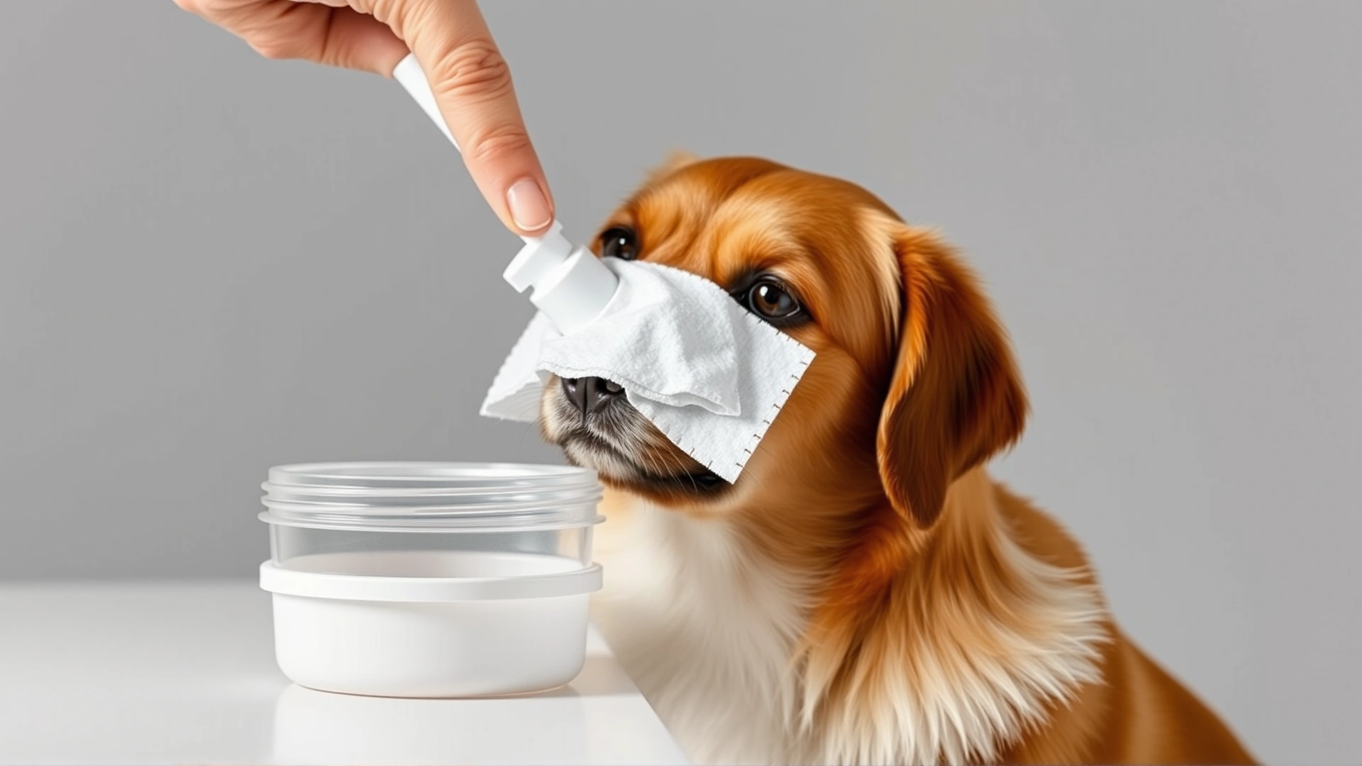 Hand holding a dog dental wipe next to an open container, clean minimalist style