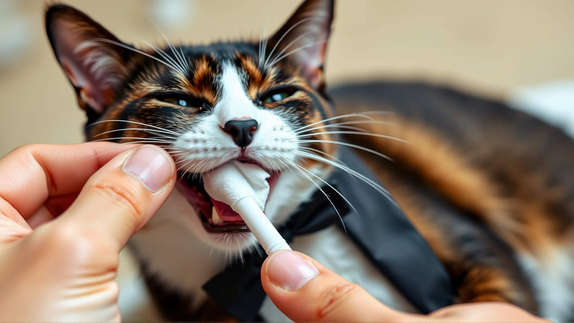 Hand holding a dental wipe cleaning a tuxedo cat's tooth, cat looks relaxed