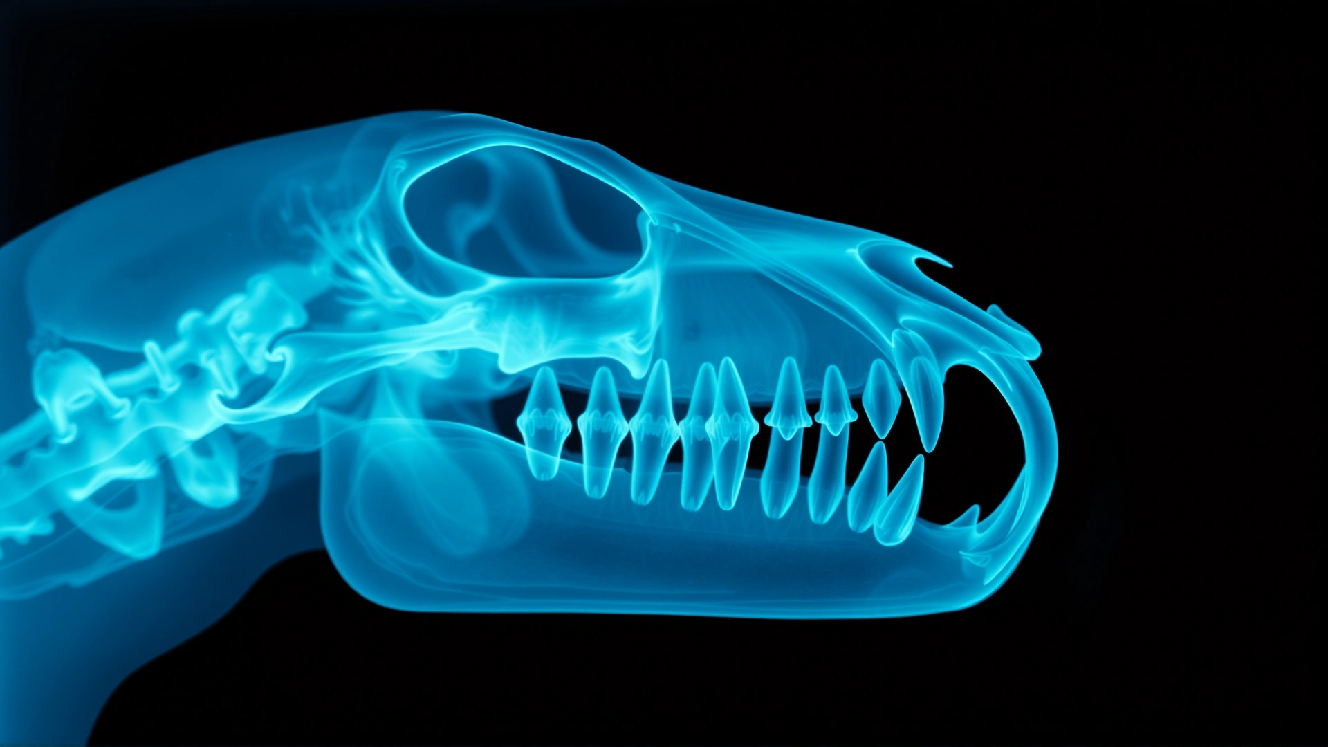 Digital dental X-ray image of a cat's jaw highlighting teeth and roots, no text or annotations, grayscale