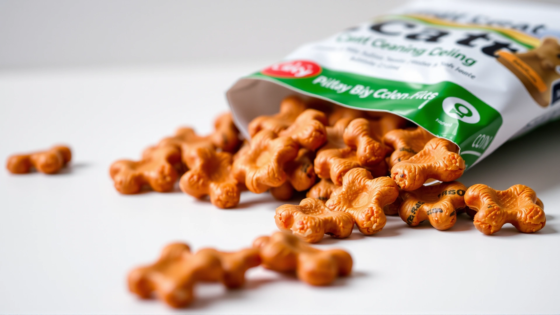 Assortment of crunchy dental cat treats spilling from a branded pouch onto a white surface, with cat teeth cleaning label visible, soft focus.