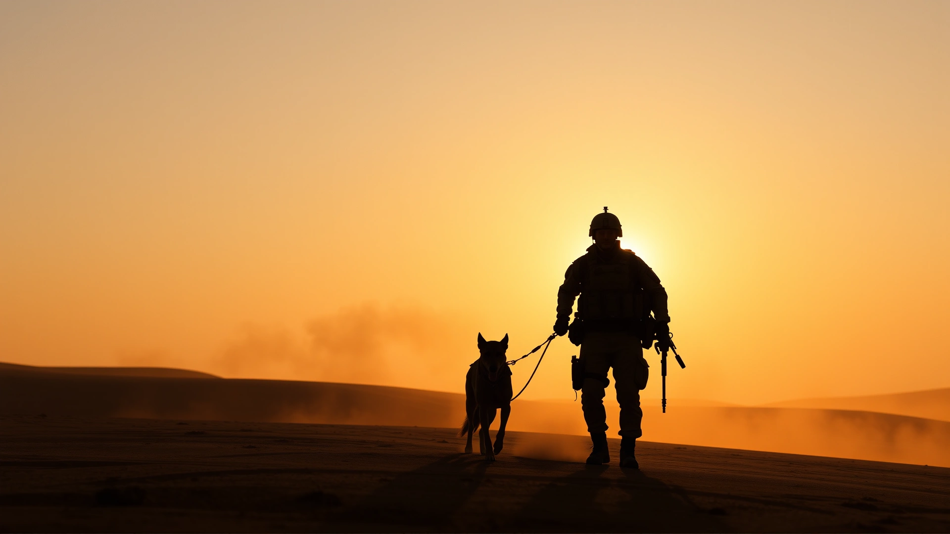 Silhouetted soldier walking with a military dog across a desert landscape at sunrise, dust in the air