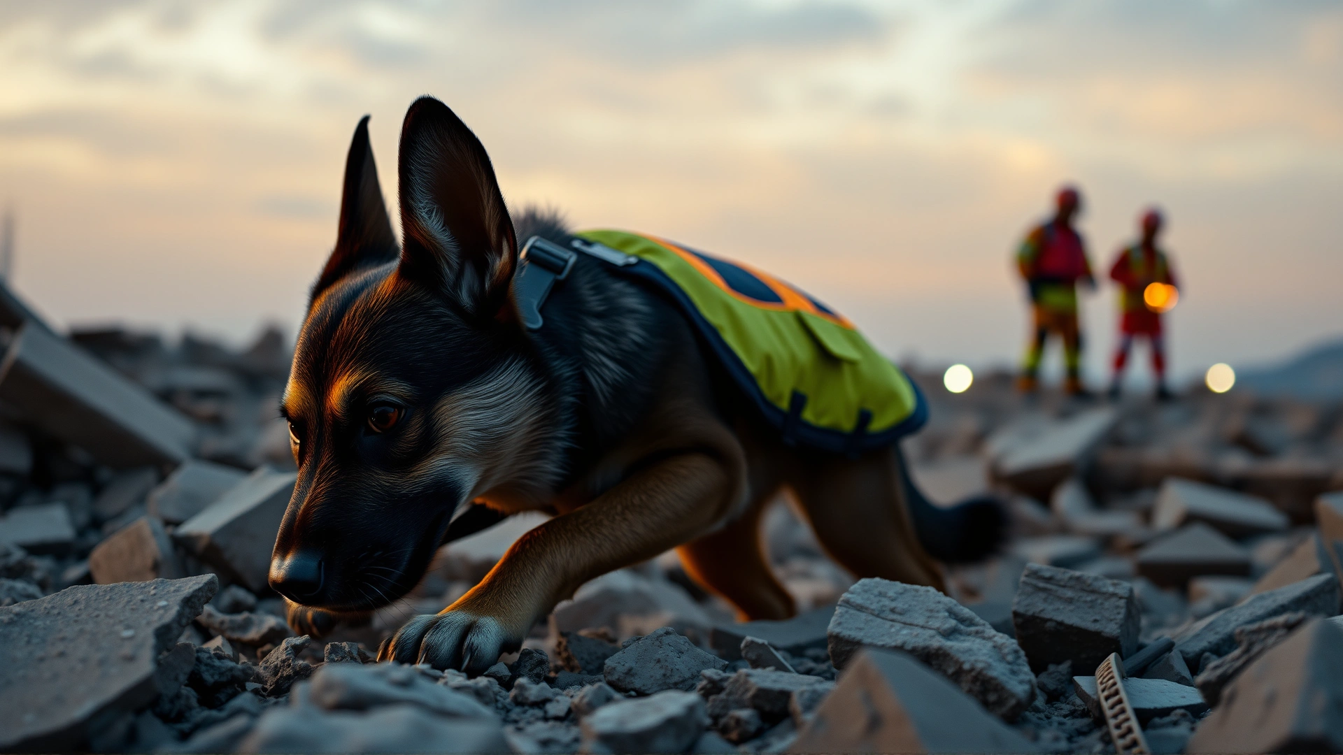 Search-and-rescue dog wearing protective vest sniffing through earthquake rubble at dusk with lights from rescue crews in the background.
