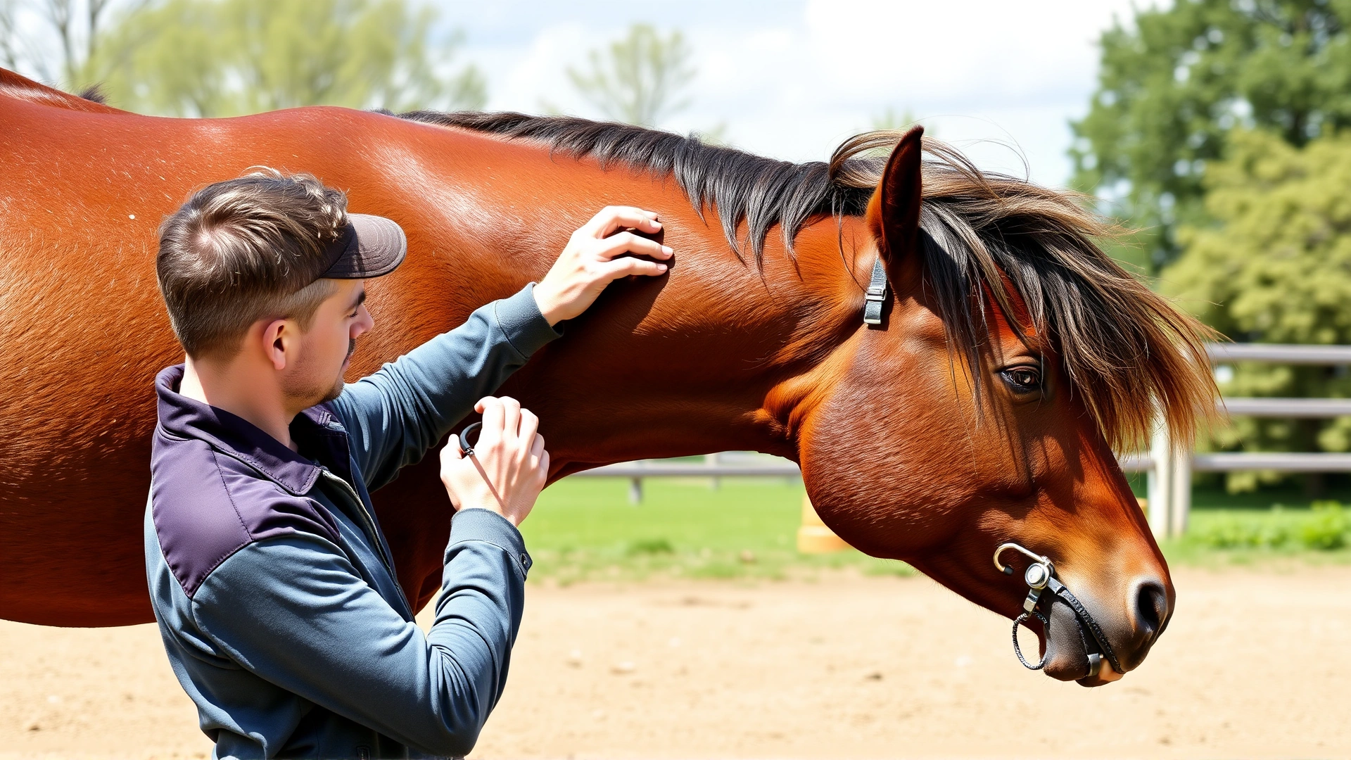 Owner touching horse’s flank with a stethoscope during a training session in an open paddock