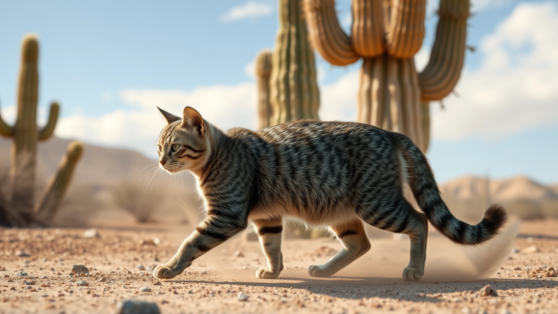 Domestic shorthair cat walking through a dusty desert landscape with cacti in background, illustrating exposure to Valley Fever spores